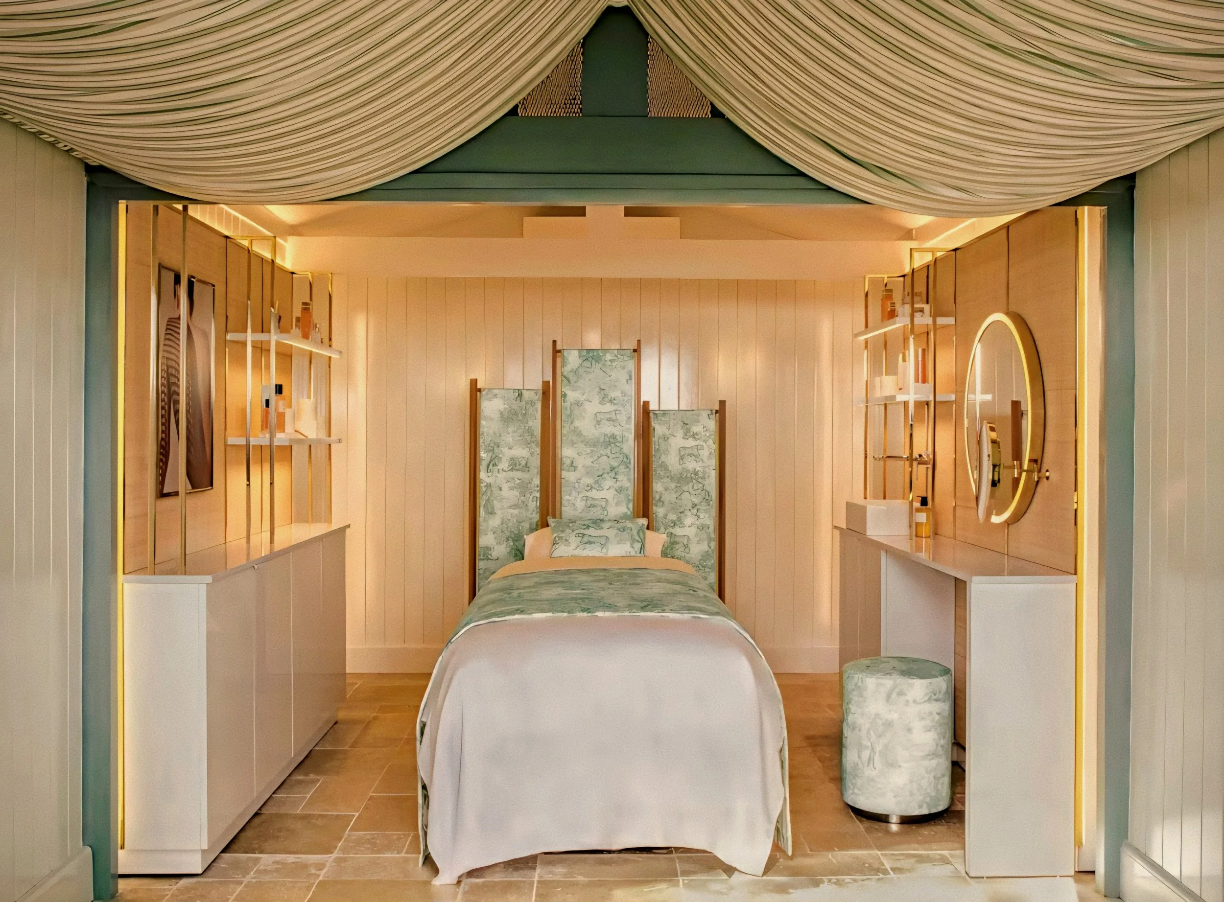 Dior Spa suite with toile de Jouy fabric inside Hotel du Cap-Eden-Roc, a luxury hotel in Antibes, France on the French Riviera.