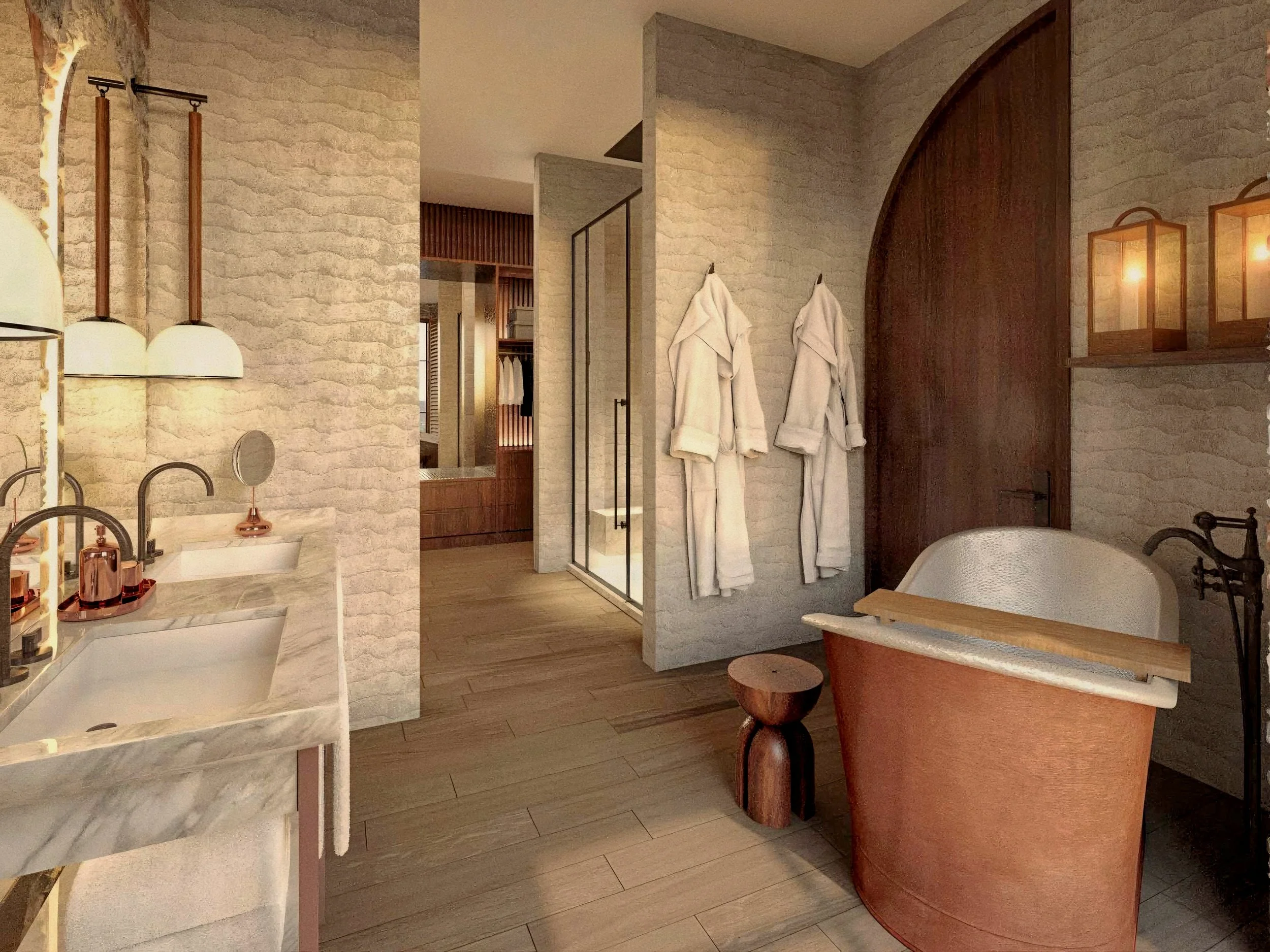 Bespoke luxury Turkish hammam bath suite with copper tub and marble dual vanity at Aliée Istanbul, Turkey.