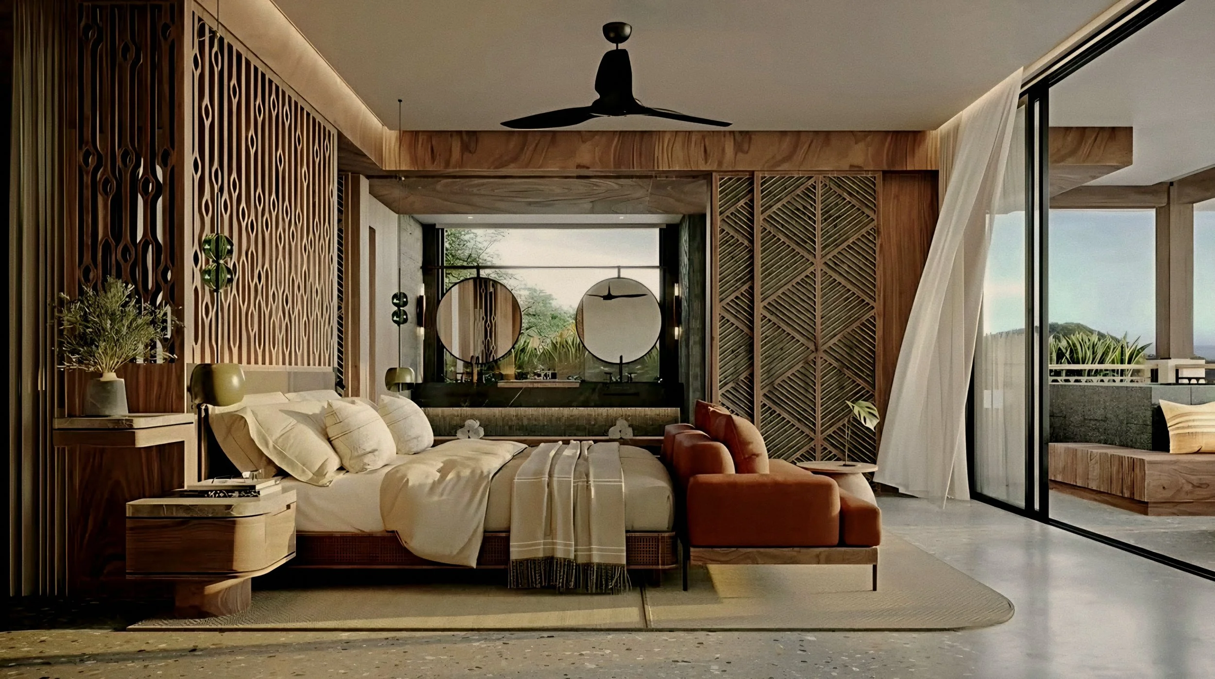 Treetop canopy suite and teak wood bedroom at Nekajui, Peninsula Papagayo, a Ritz-Carlton Reserve Costa Rica