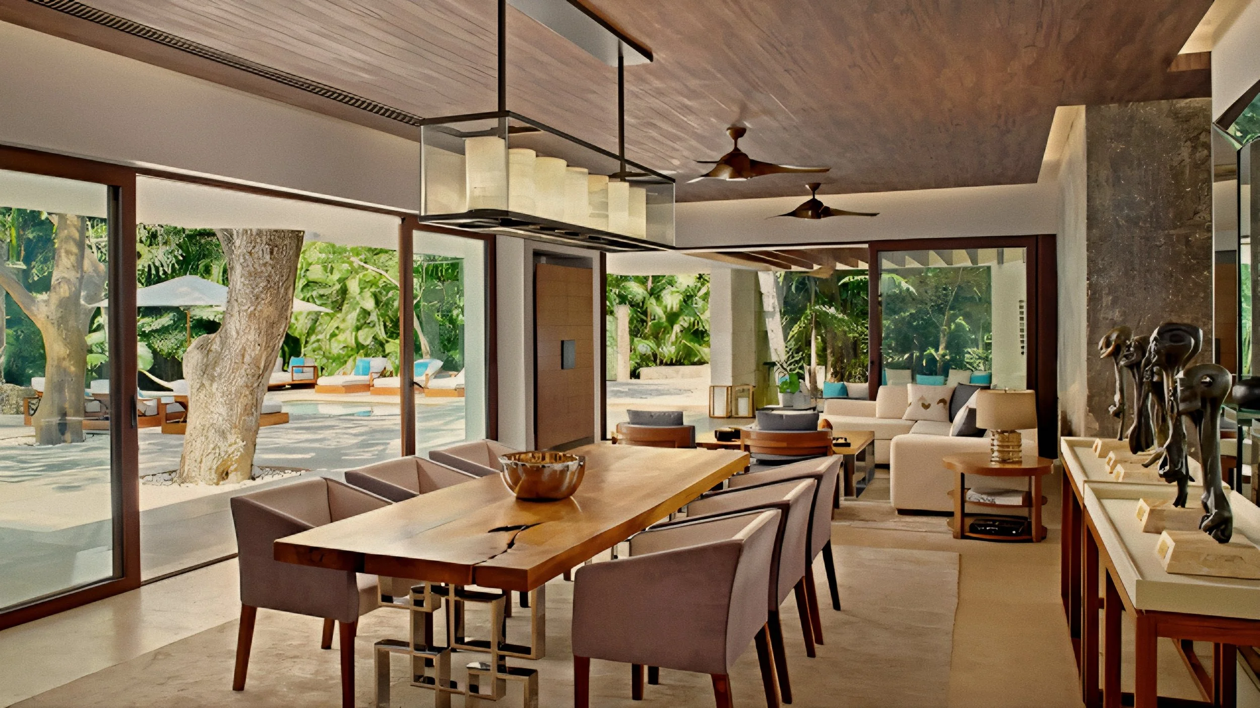 Live edge timber dining table and pool views at Hacienda Chablé Yucatán, Chocholá, Mexico.