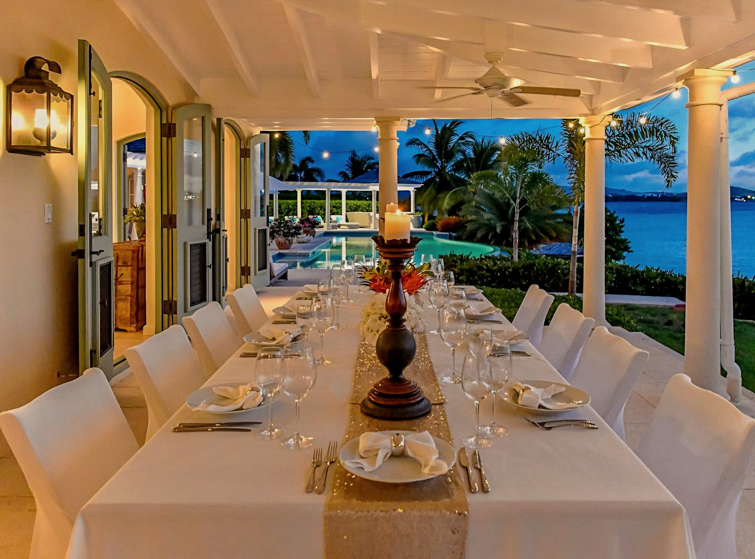 Starlit veranda private dining setup at Jumby Bay luxury private island, Antigua.