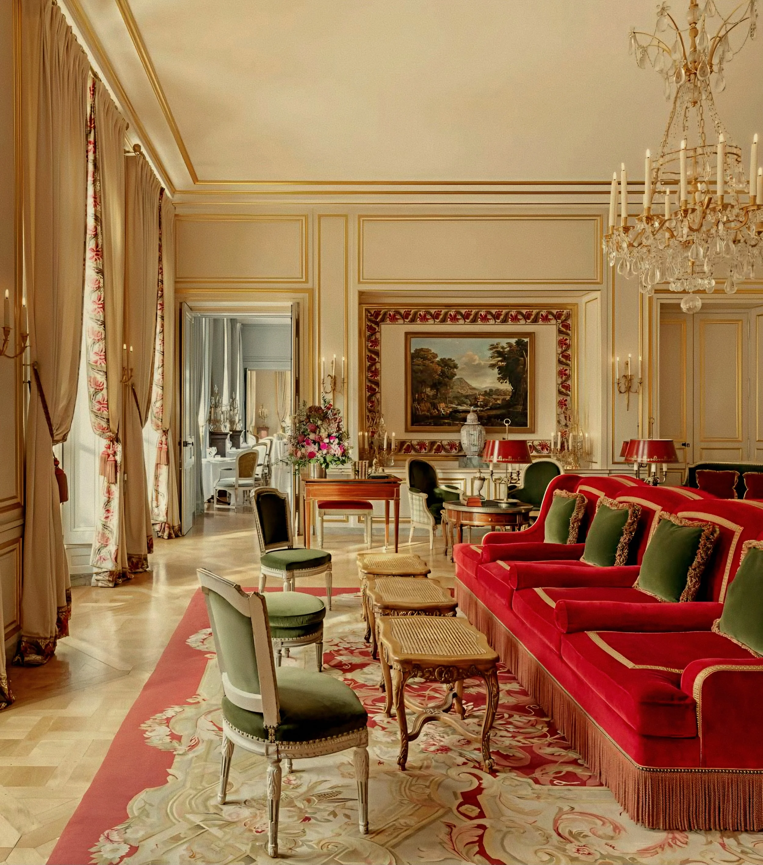 Crimson velvet seating at Alain Ducasse restaurant Airelles Château de Versailles, Le Grand Contrôle, France.
