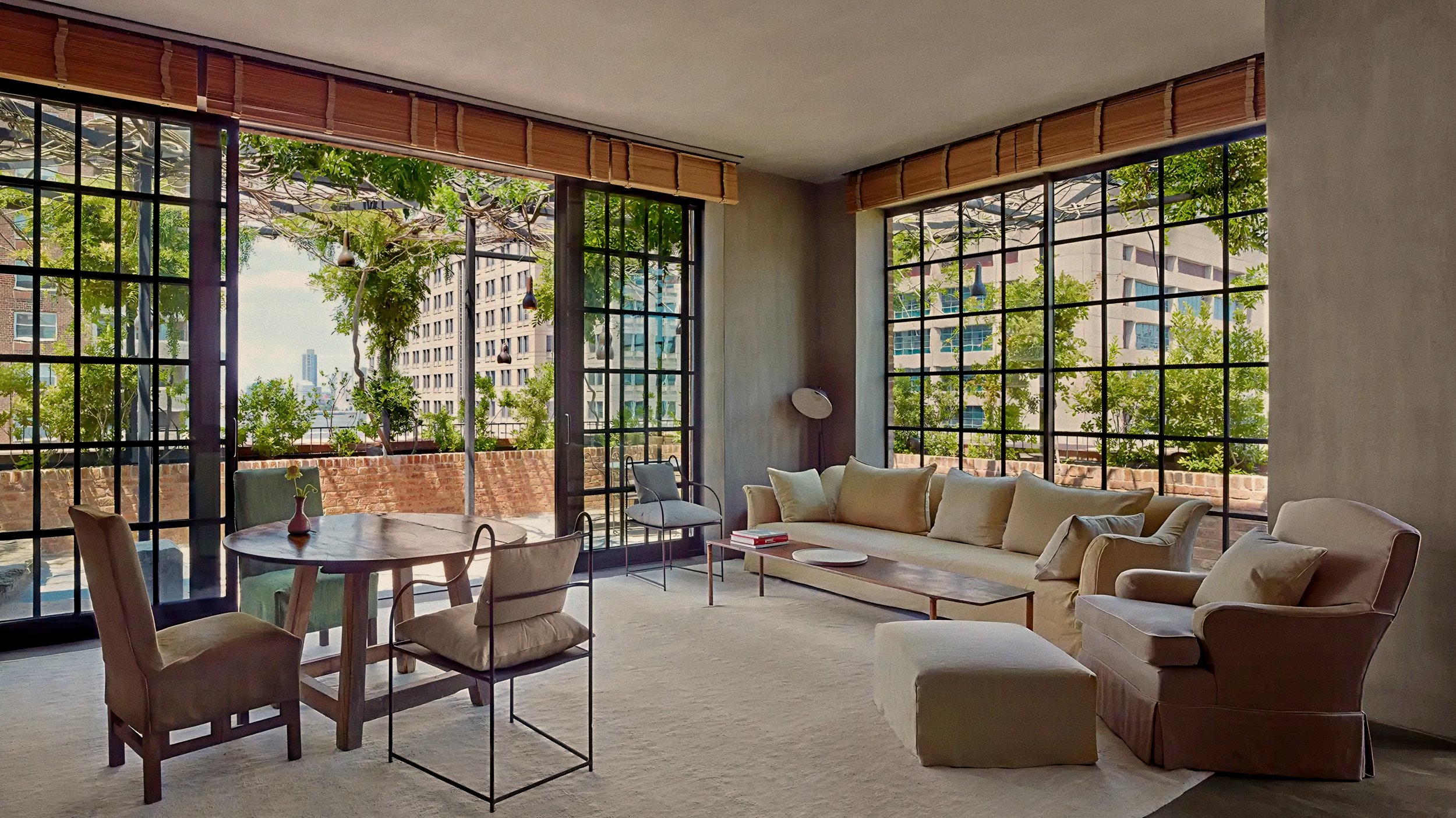 Sunlit living salon framed by steel atelier windows in the TriBeCa penthouse at The Greenwich Hotel, Manhattan.