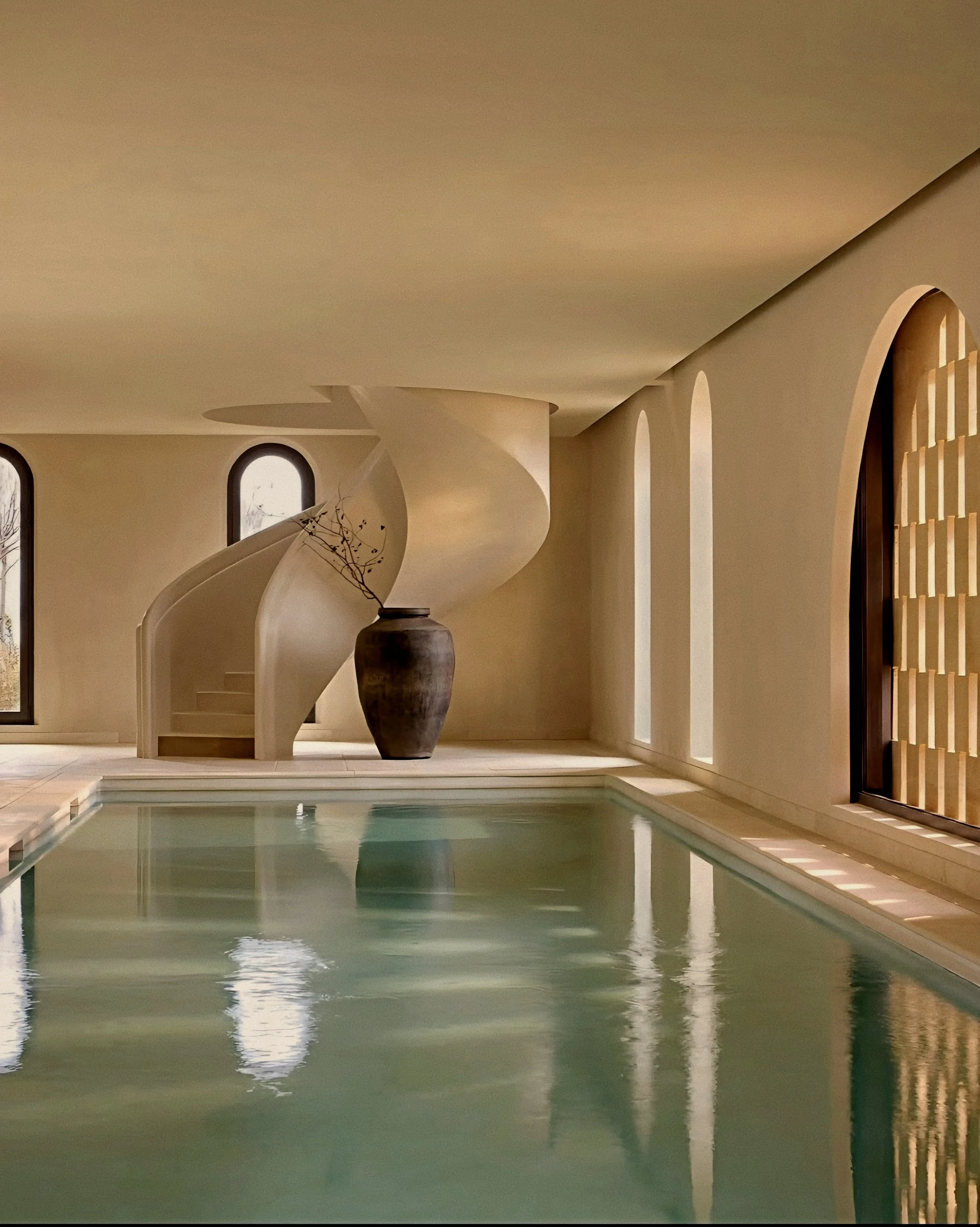 Sculptural spiral staircase descending into a luxury subterranean spa pool at Île de Bendor.