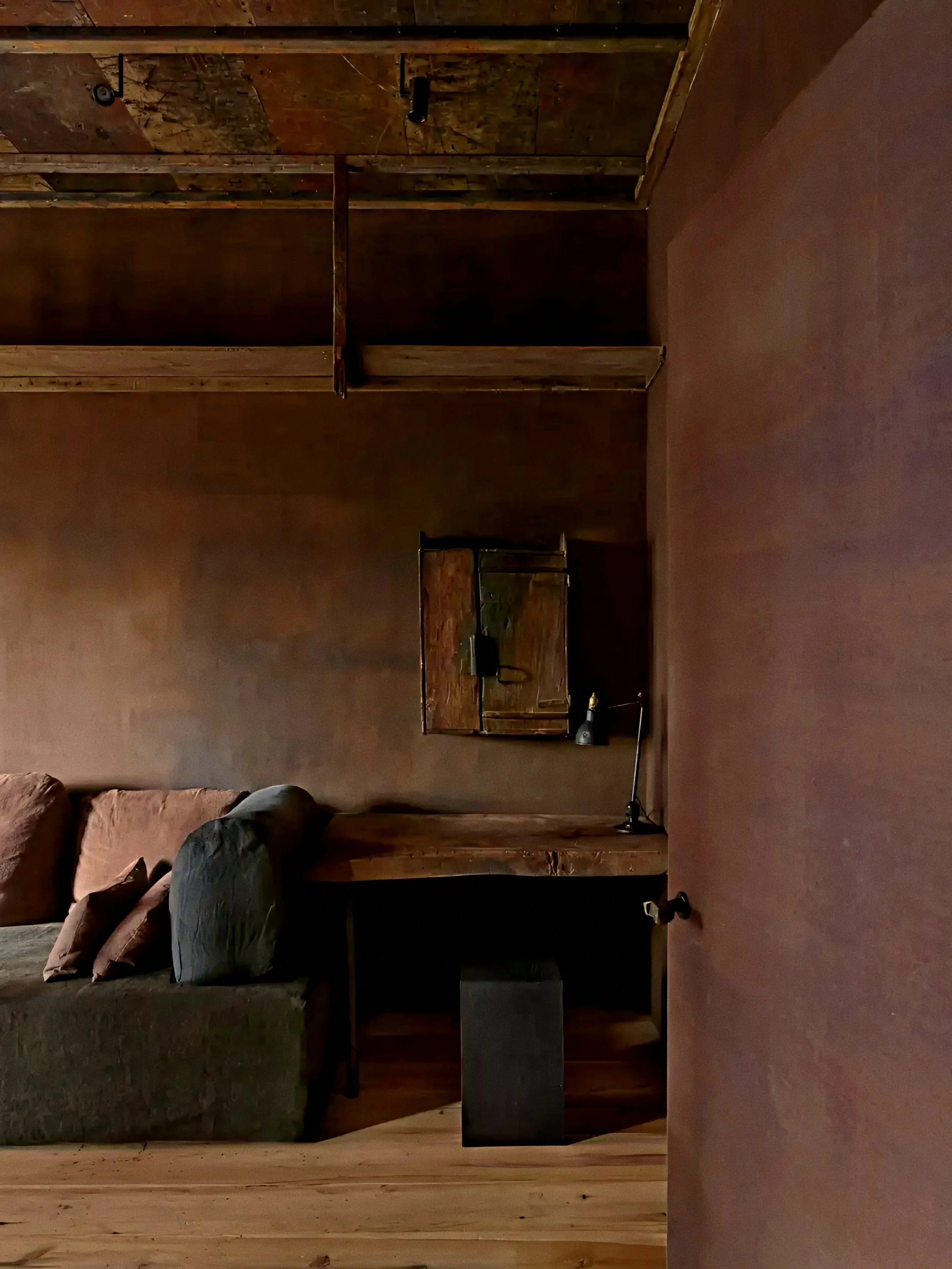 Private study alcove featuring hand-troweled plaster walls in the Greenwich Hotel TriBeCa penthouse, NYC.