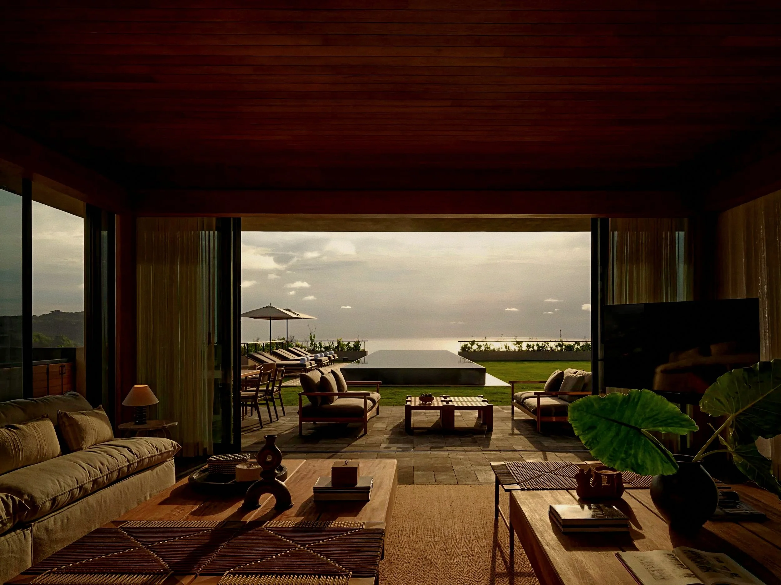 Living room and pool deck at Rosewood Mandarina, Monteón luxury resort in Riviera Nayarit, Mexico.