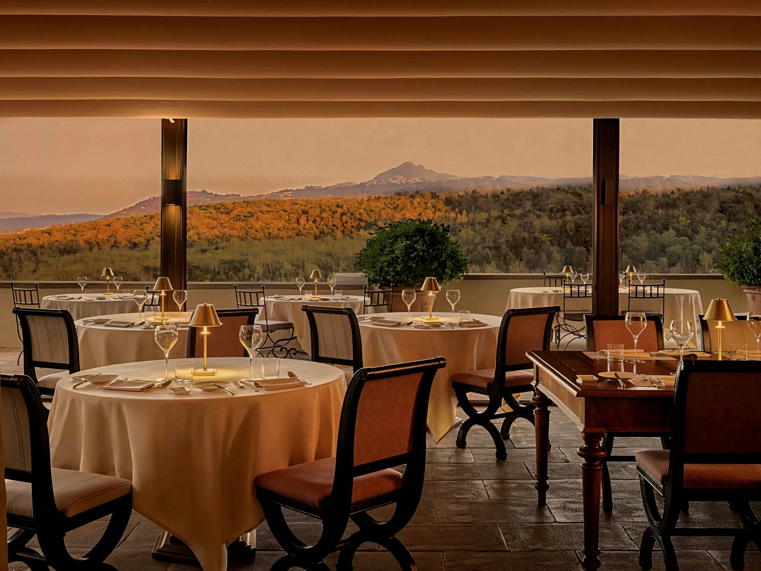 Ristorante Campo del Drago dining room at Castiglion del Bosco, A Rosewood Hotel, Val d'Orcia, Tuscany, Italy.