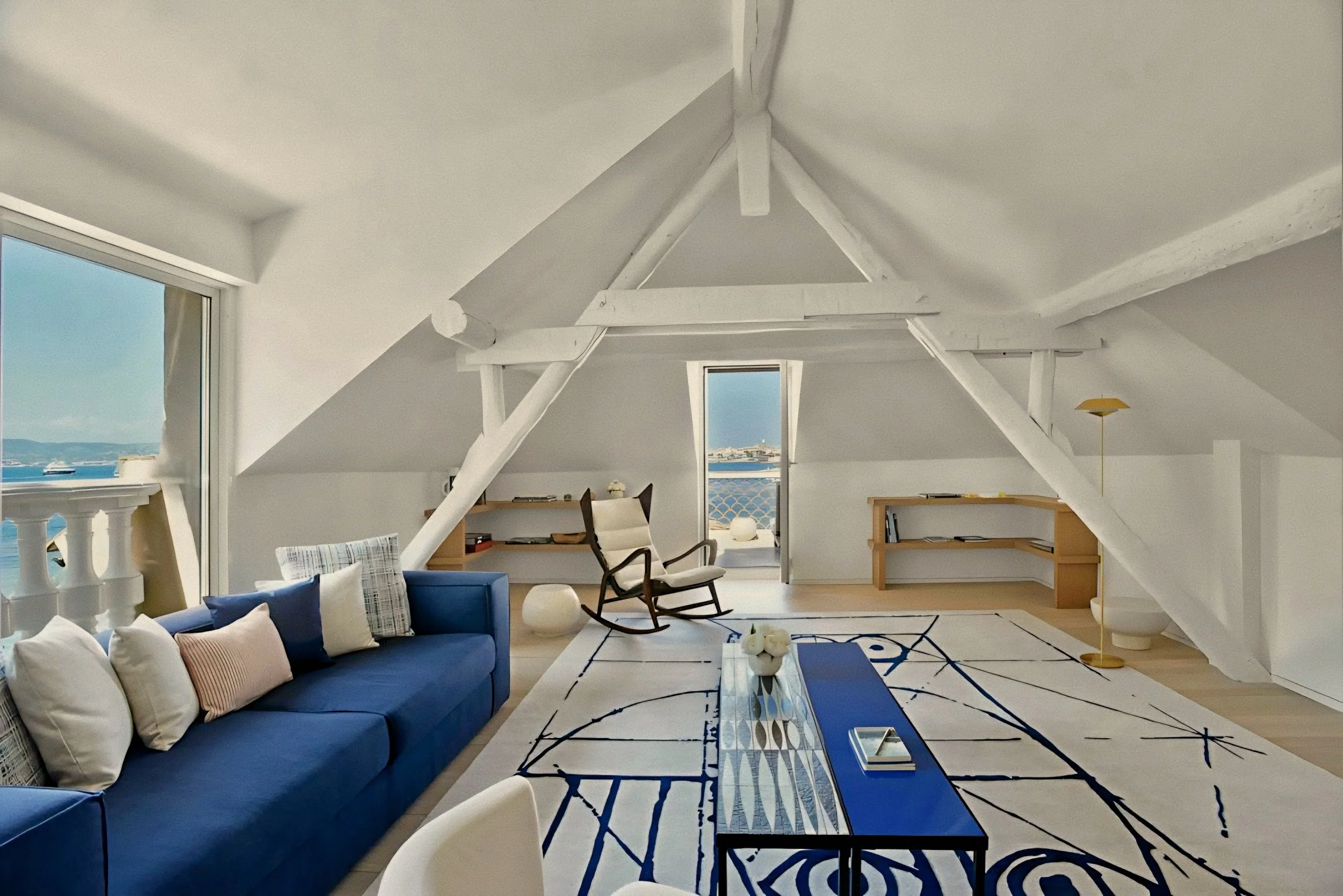 Azulejo-hued suite architecture at Cheval Blanc St-Tropez luxury hotel, french Riviera, France.