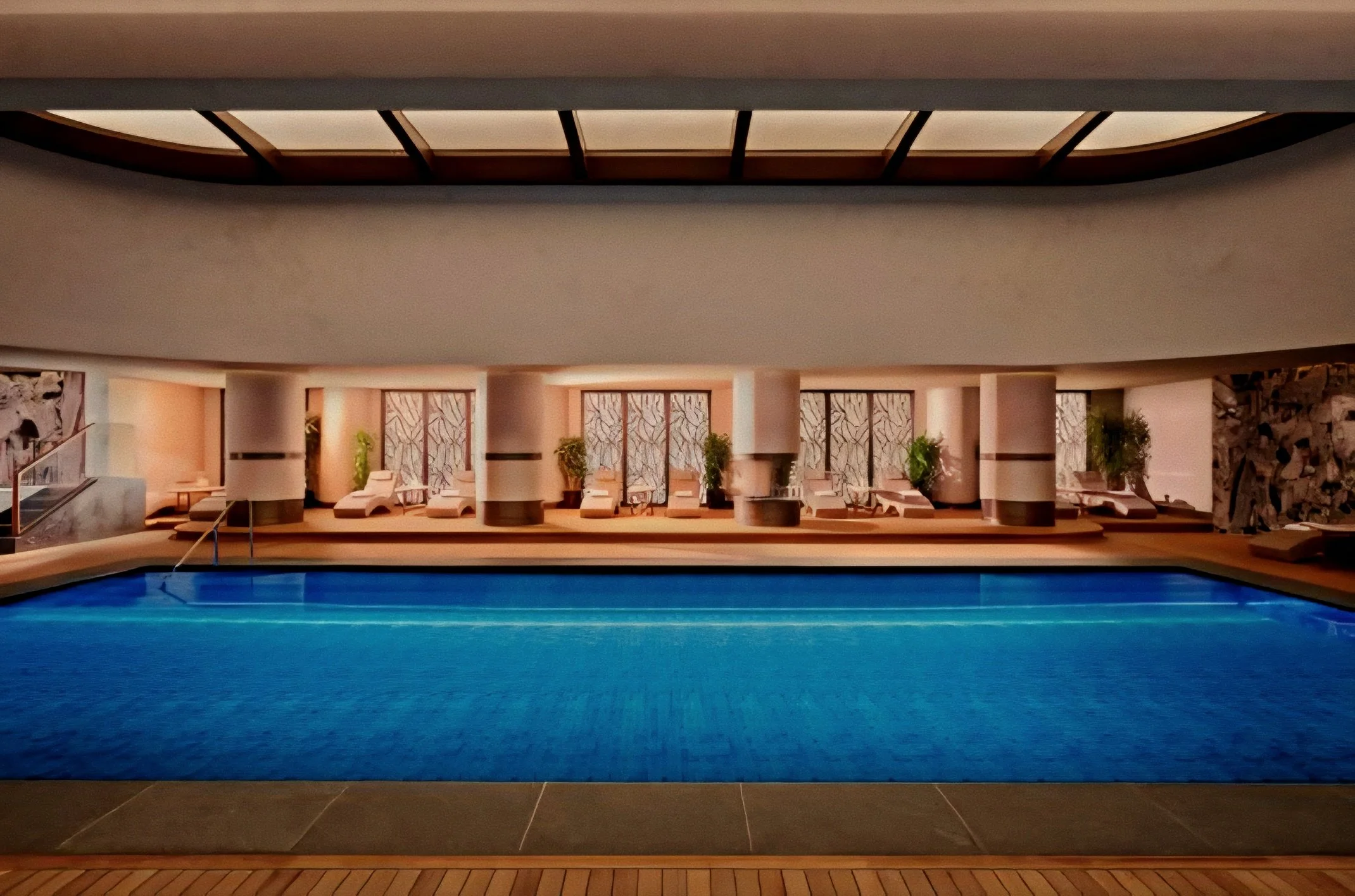 Subterranean indoor pool and lounge deck at Mandarin Oriental Bosphorus, Istanbul.