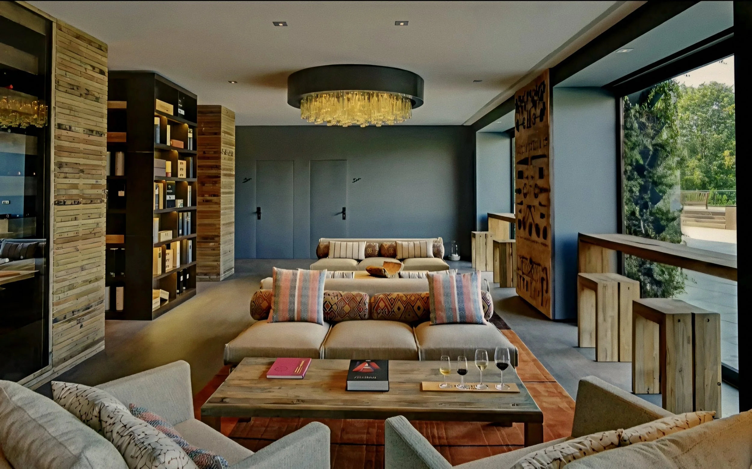 Linen lounge sofas at the Wine Library salon Six Senses Douro Valley Luxury Hotel in Portugal.