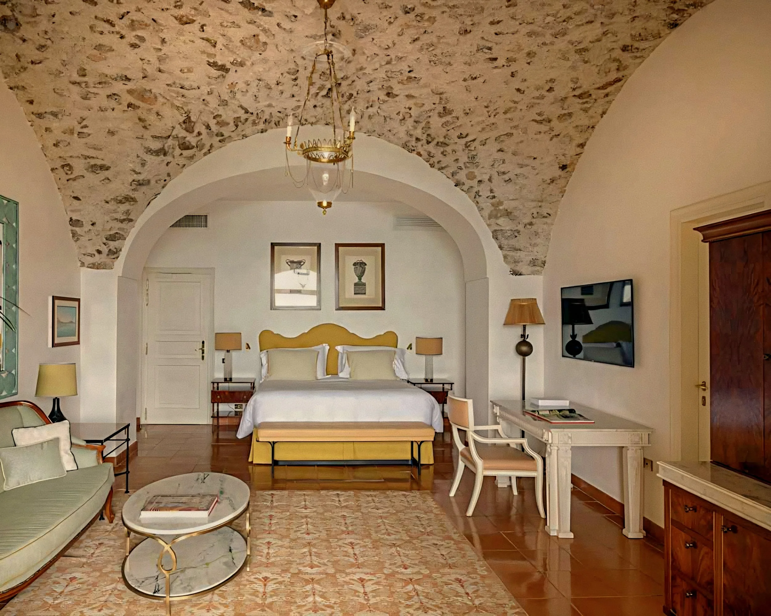 Vaulted medieval stone bedroom suite at Caruso A Belmond Hotel Ravello Amalfi Coast Italy