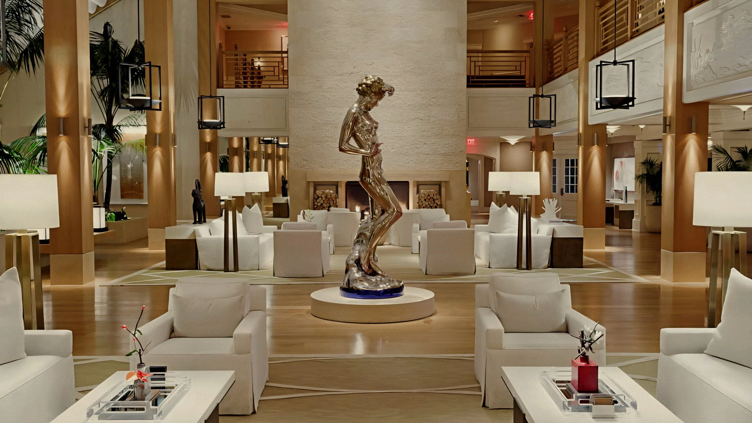 Bronze sculpture and tailored white seating lobby Sensei Lanai, A Four Seasons Resort, is a luxury wellness and spa retreat in Kōʻele, Hawaii.