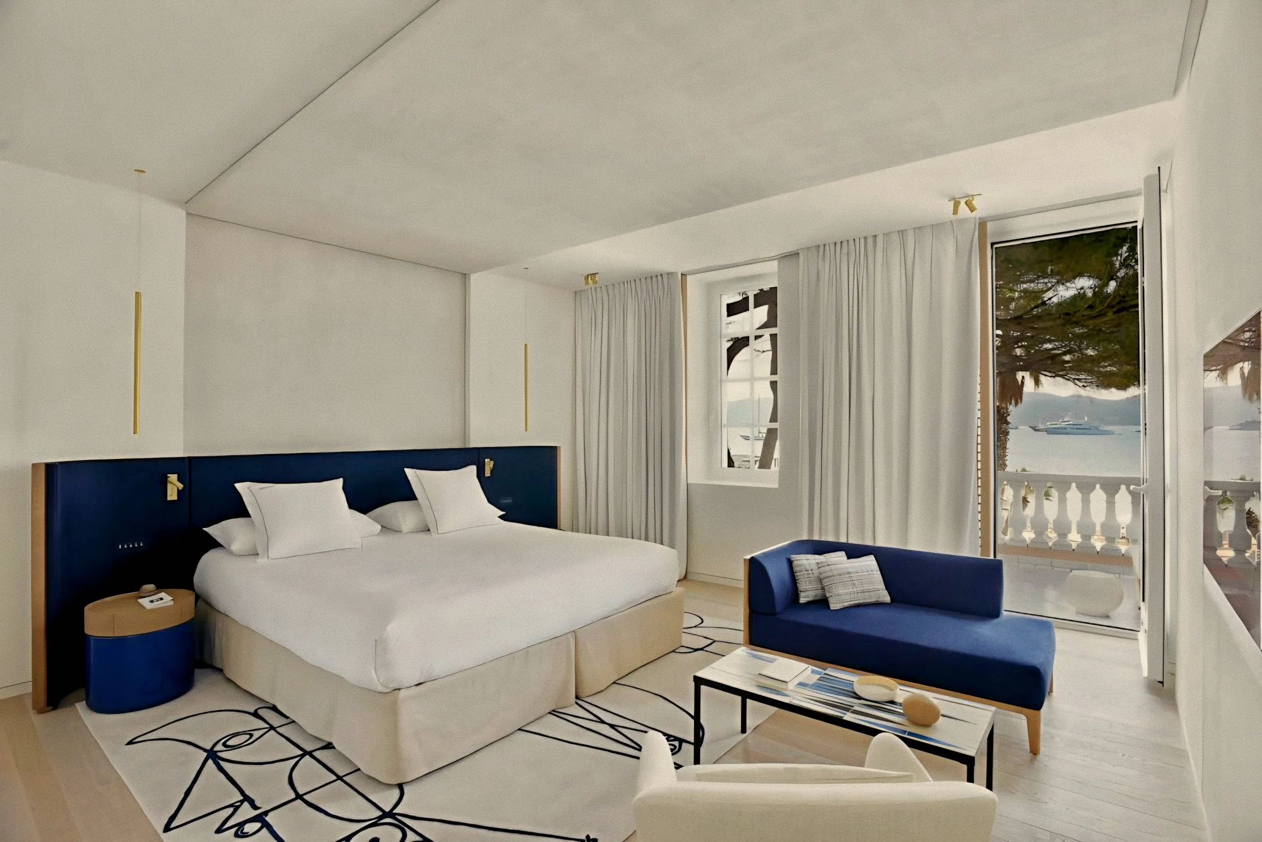 Suite bedroom interior at Cheval Blanc St-Tropez luxury hotel on the french Riviera, France.