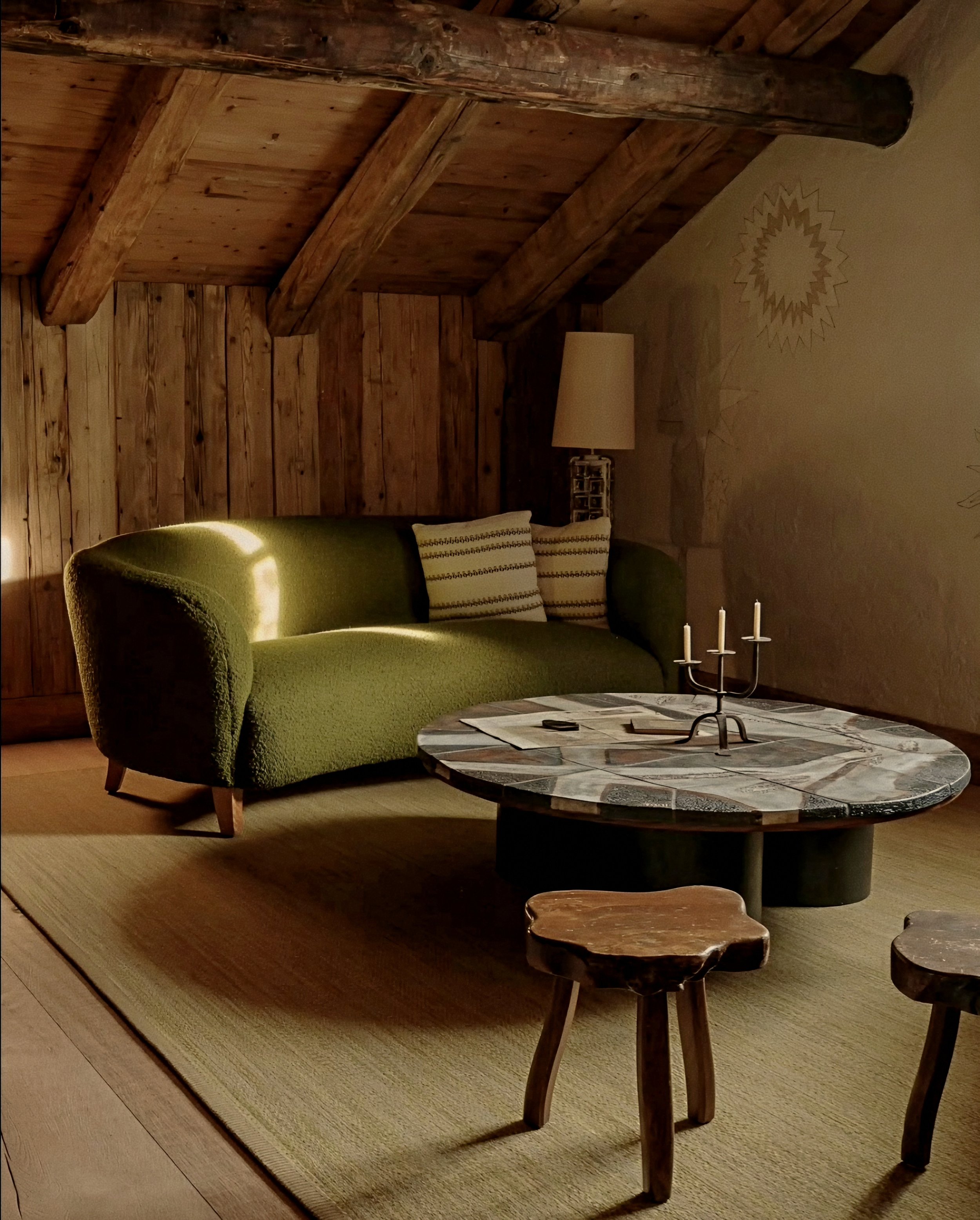 Organic bouclé sofa and bespoke stone coffee table by Luis Laplace at Chesa Marchetta in the Swiss Alps.