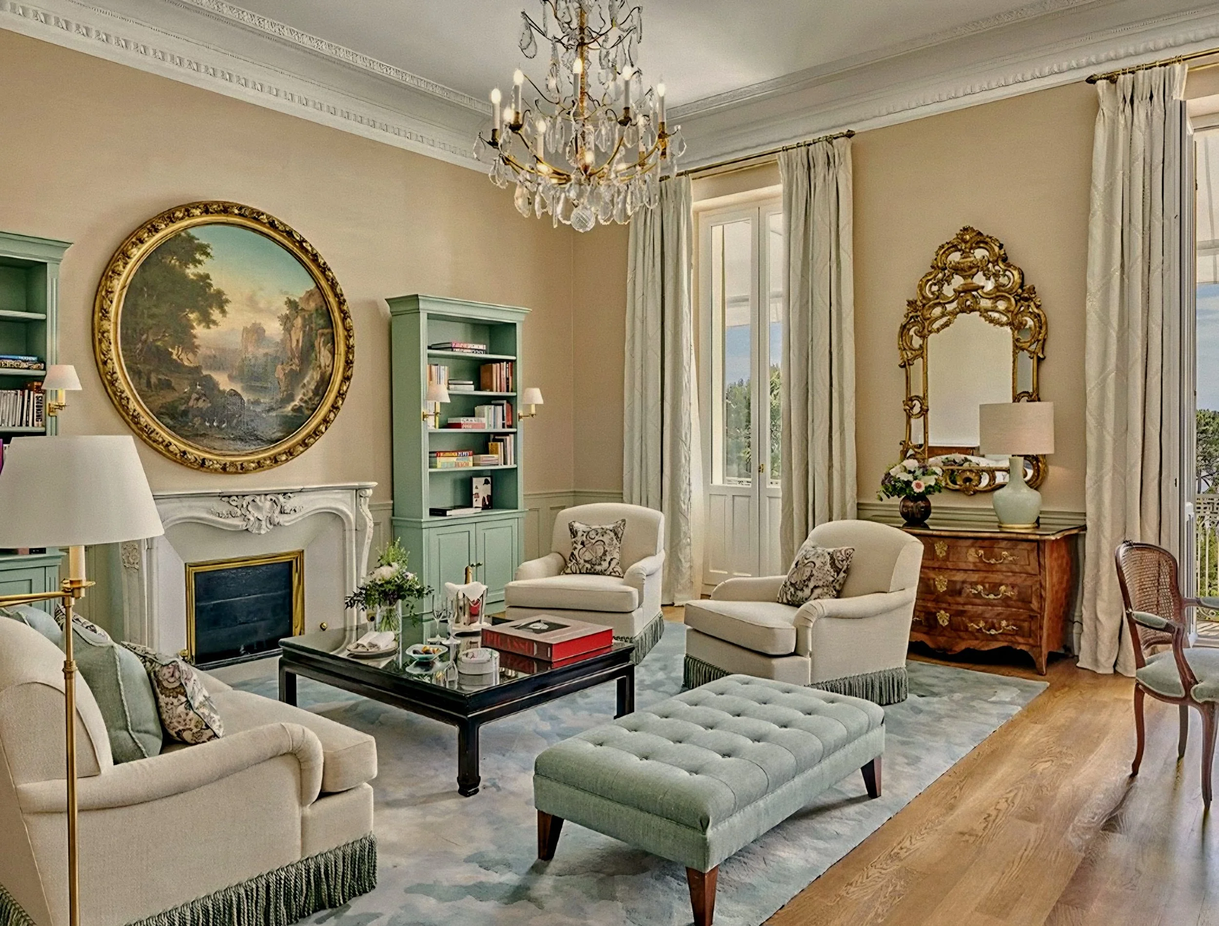 Gilt mirror above a marble hearth inside Hotel du Cap-Eden-Roc, a luxury hotel in Antibes, France on the French Riviera.