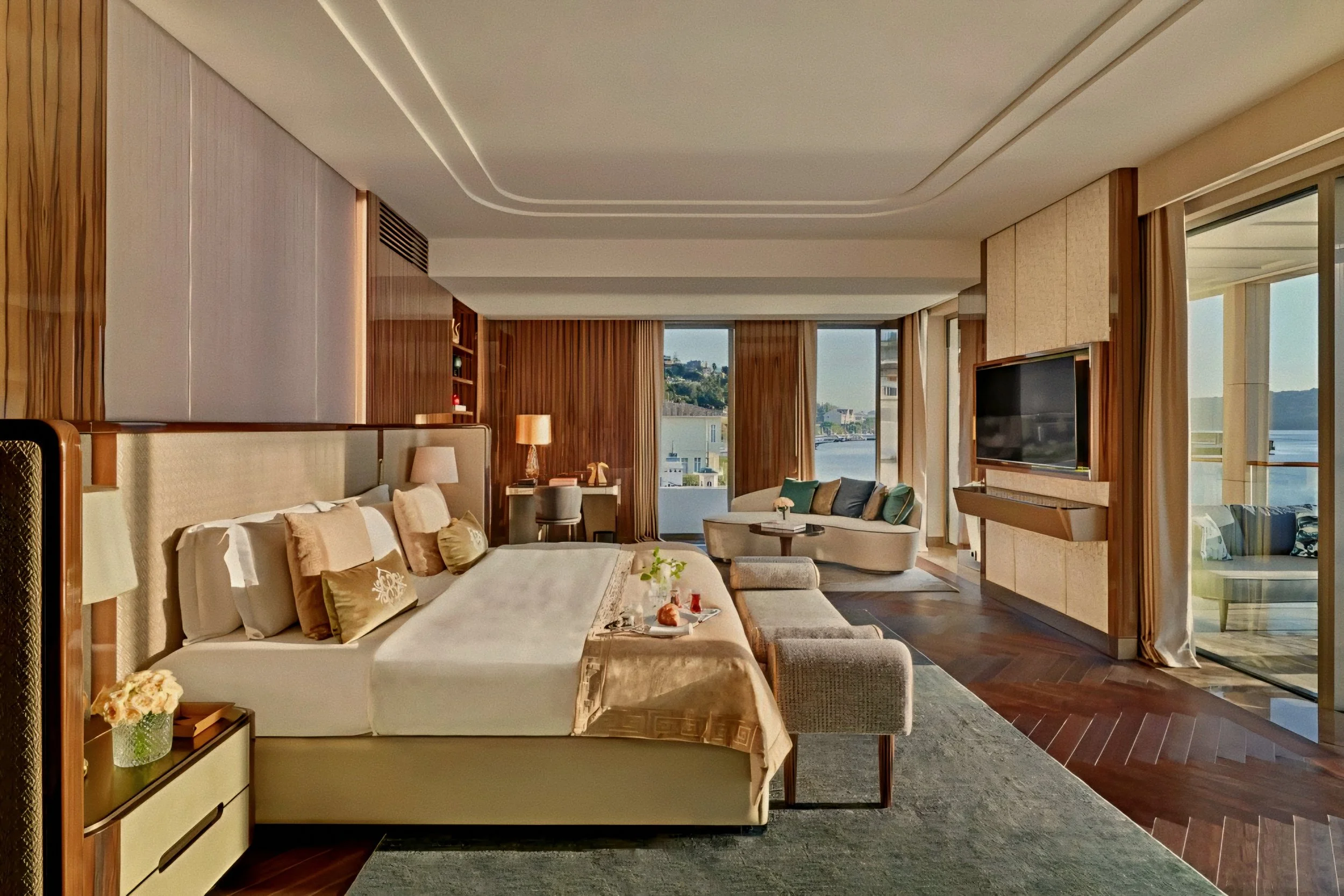 Waterfront bedroom suite with Bosphorus view at Mandarin Oriental Bosphorus, Istanbul.