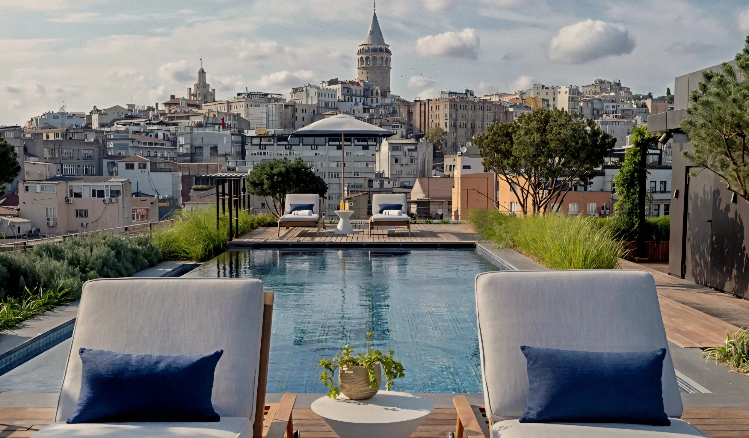 Private luxury rooftop pool at The Peninsula Istanbul in Karaköy at Galataport facing the Bosphorus.