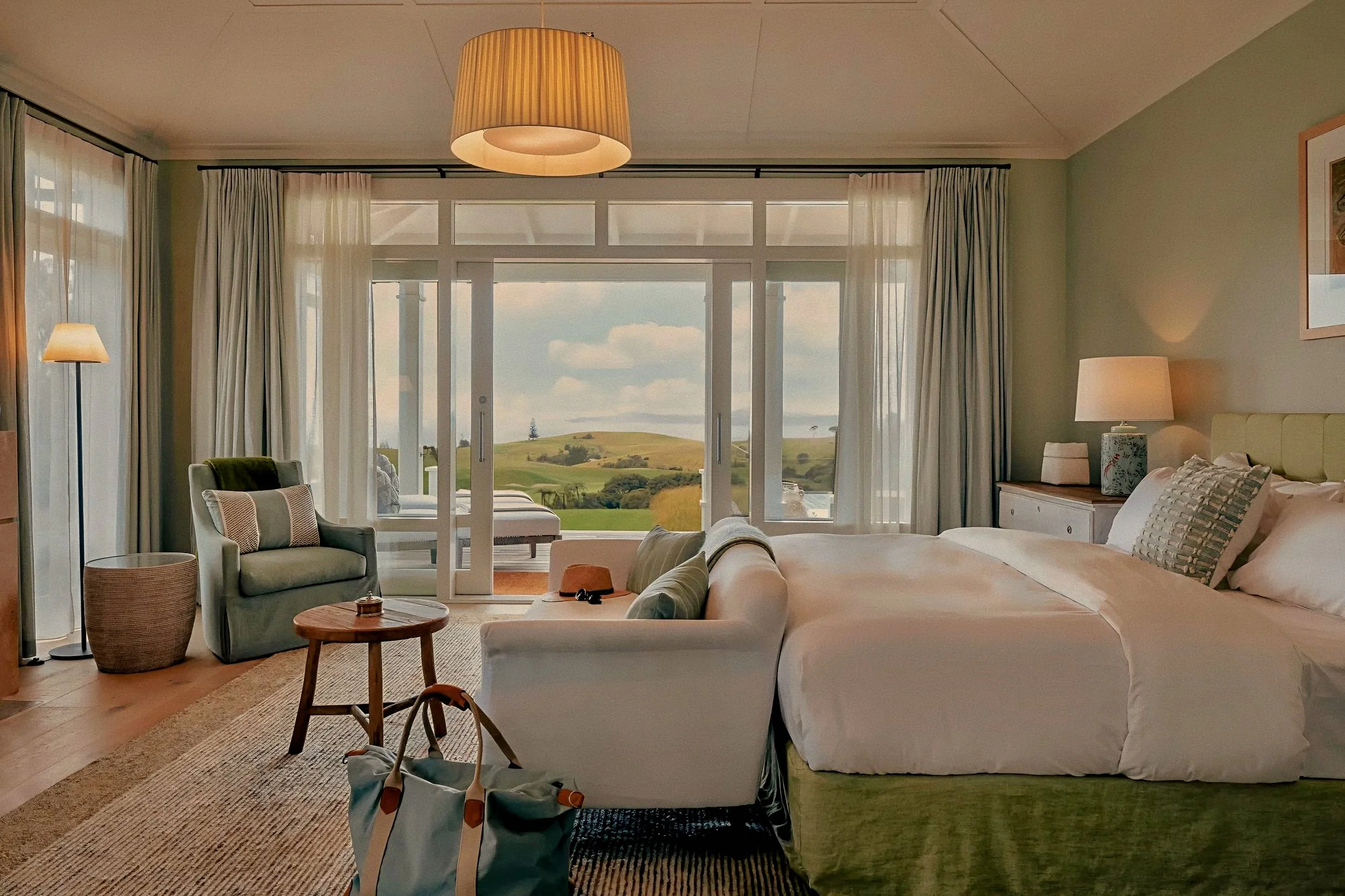 Virginia Fisher designed villa primary bedroom suite at Rosewood Kauri Cliffs, Matauri Bay, New Zealand.