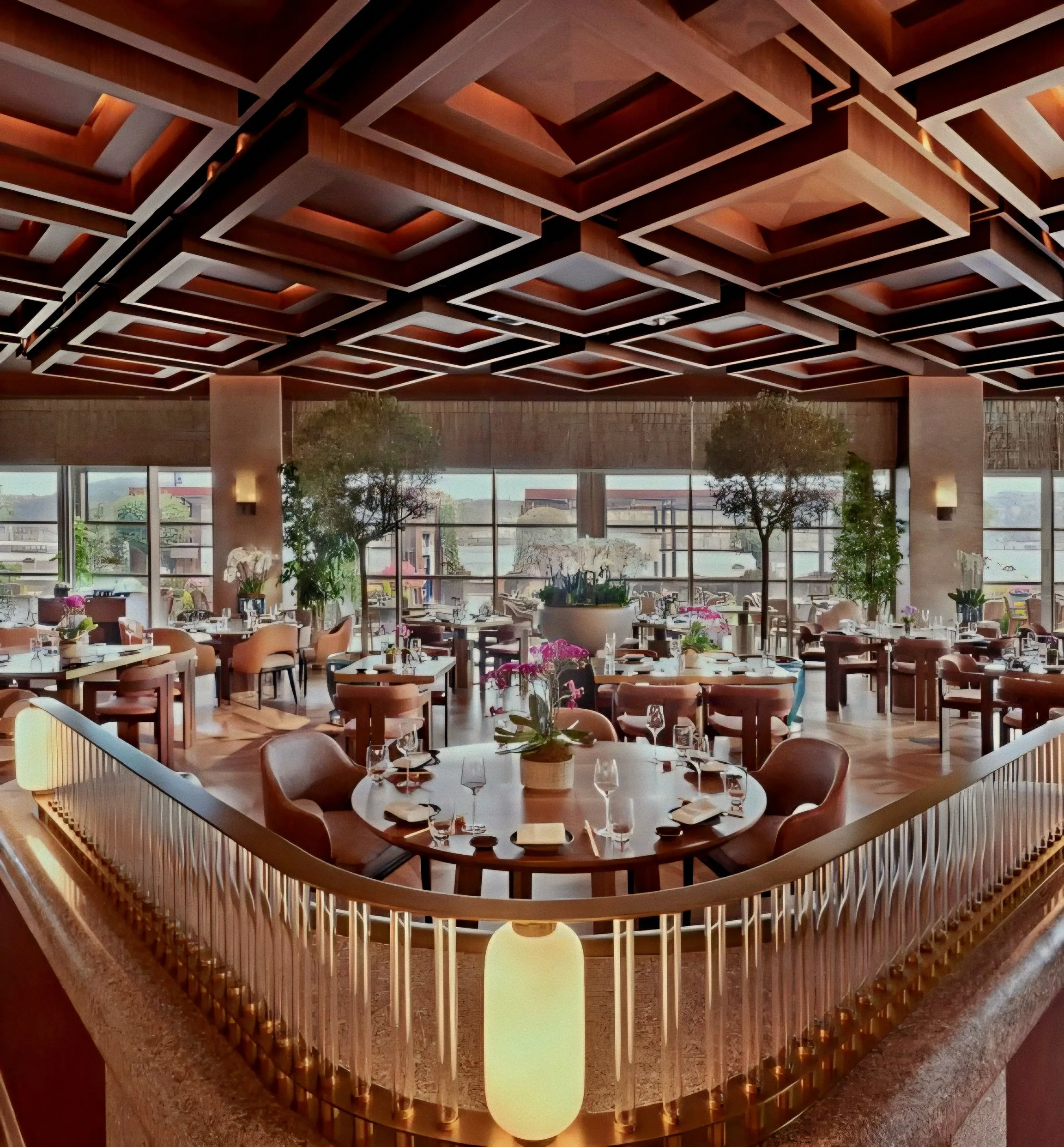 Novikov Istanbul restaurant with coffered timber ceiling at Mandarin Oriental Bosphorus, Istanbul.