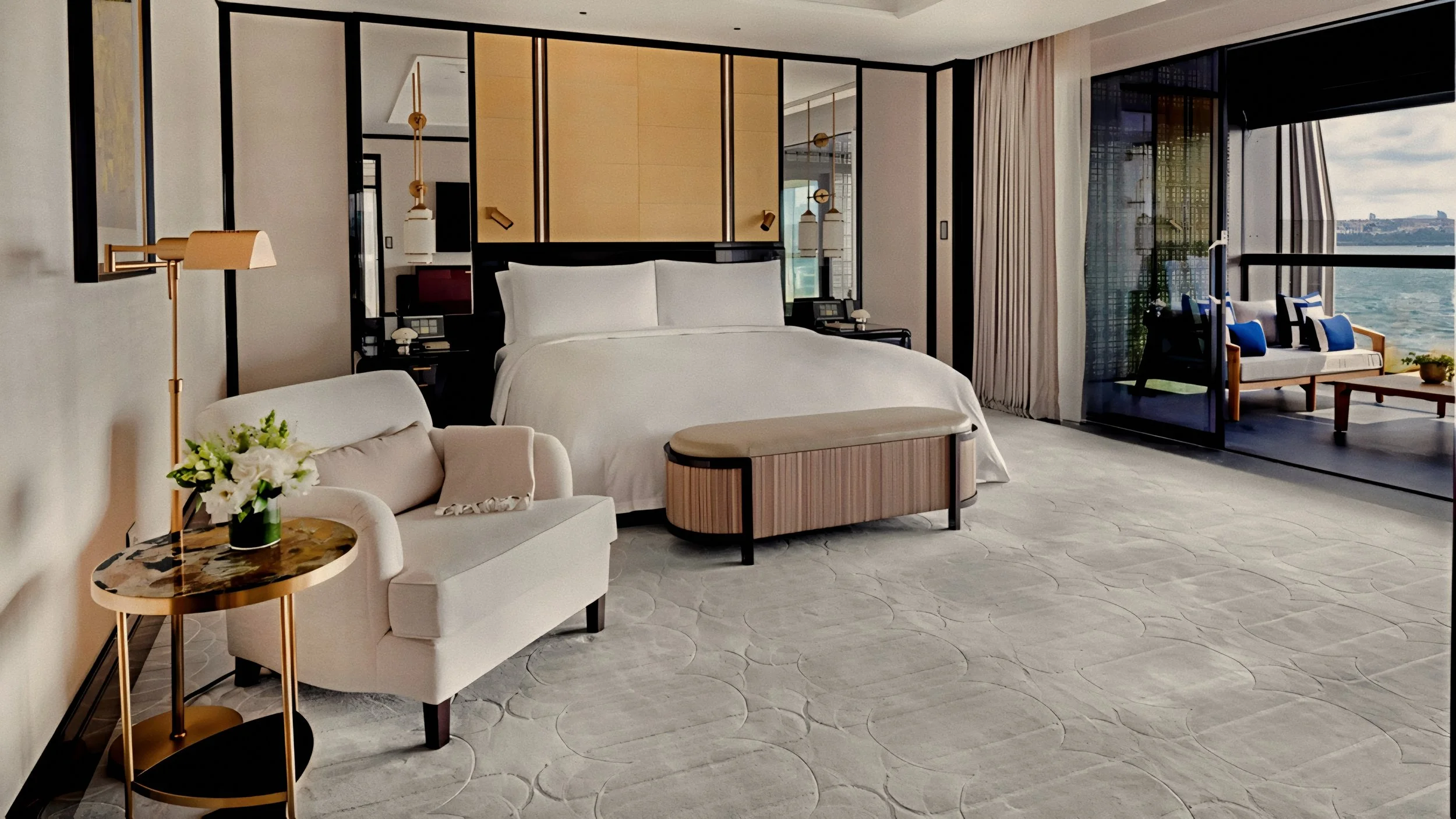 Luxury master bedroom suite at The Peninsula Istanbul in Karaköy at Galataport overlooking the Bosphorus.