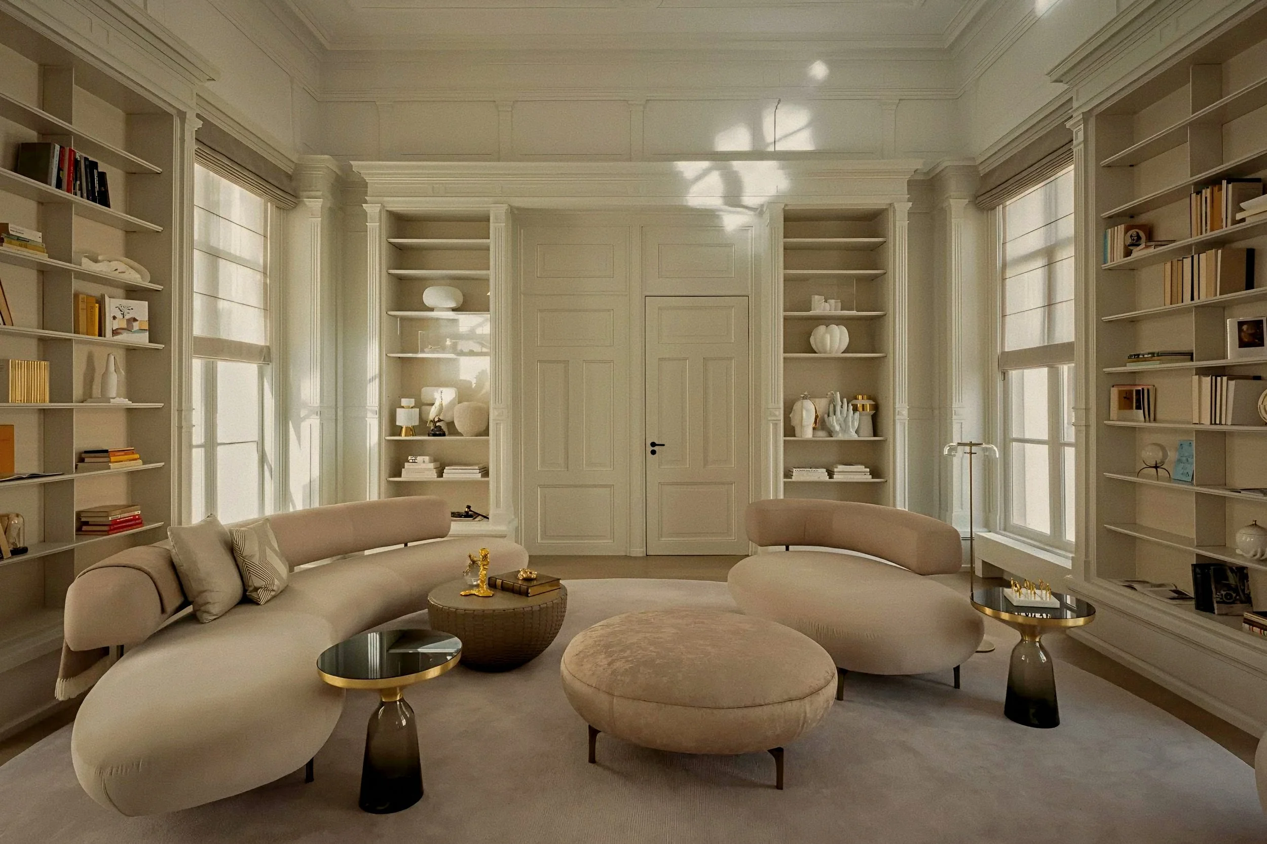 Library living room with bouclé sectionals at Rosewood Amsterdam a luxury hotel in Netherlands.