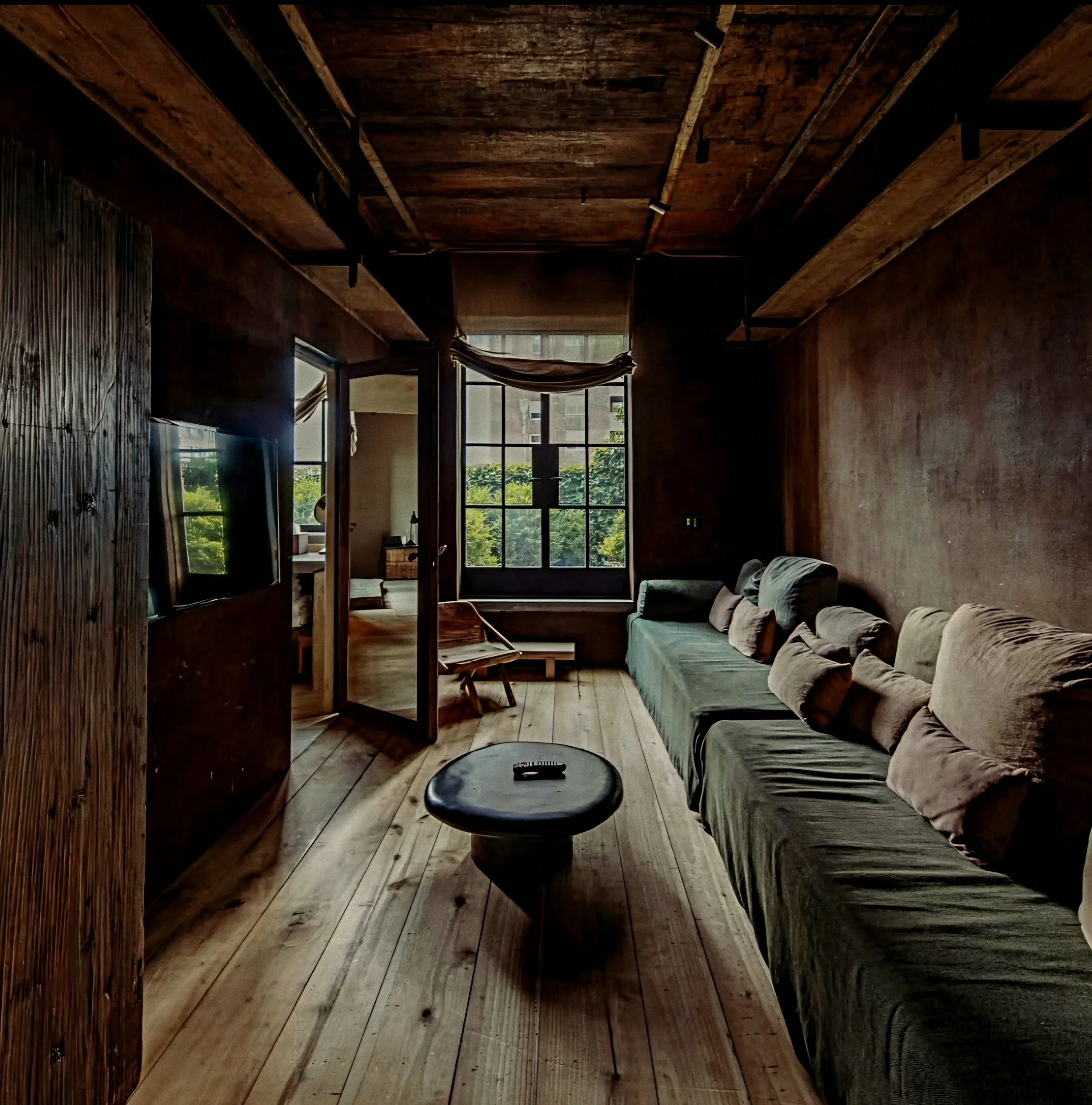 Wabi-sabi salon clad in textured render and reclaimed oak flooring by Axel Vervoordt in TriBeCa, New York.