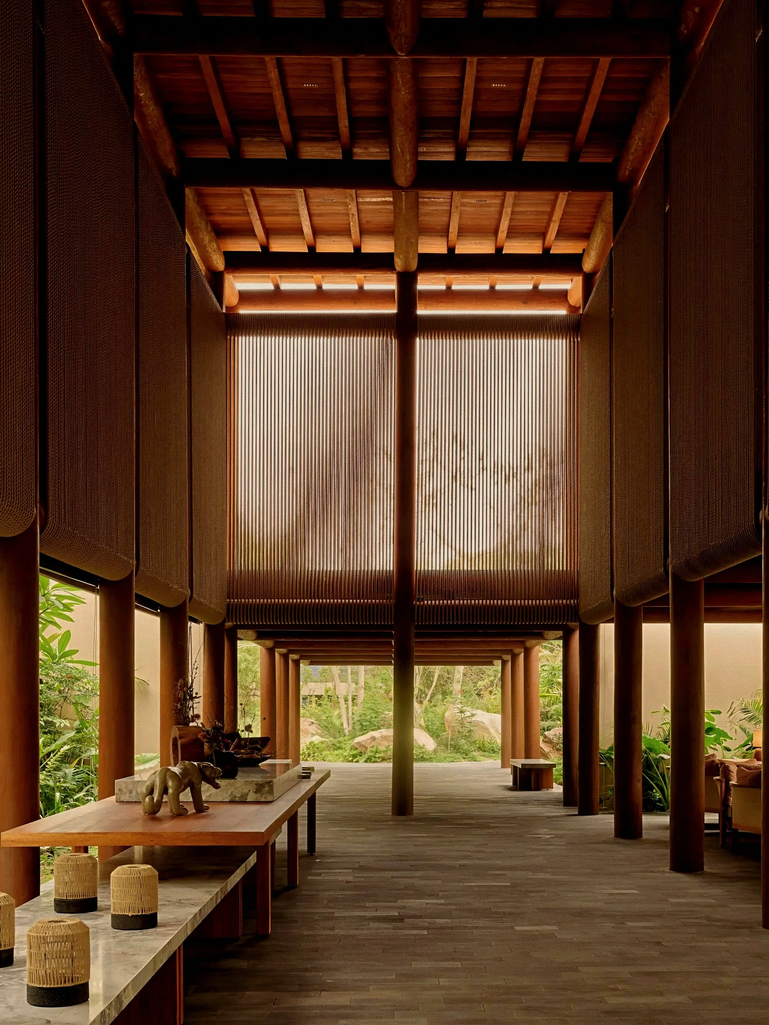 Timber atrium gallery at Rosewood Mandarina, Monteón luxury resort in Riviera Nayarit, Mexico.