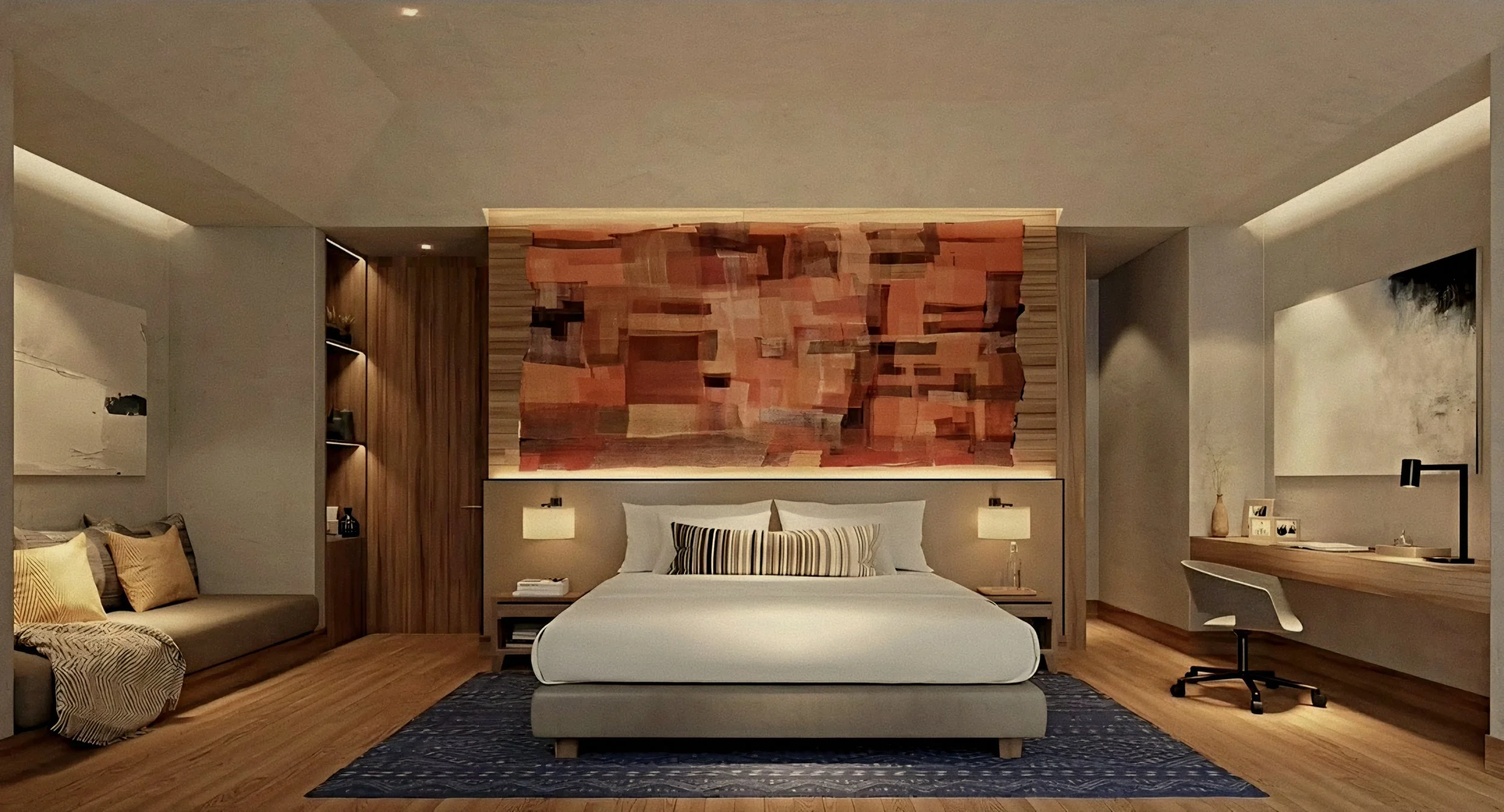 Terracotta tapestry and warm timber suite bed Six Senses Douro Valley Luxury Hotel in Portugal.
