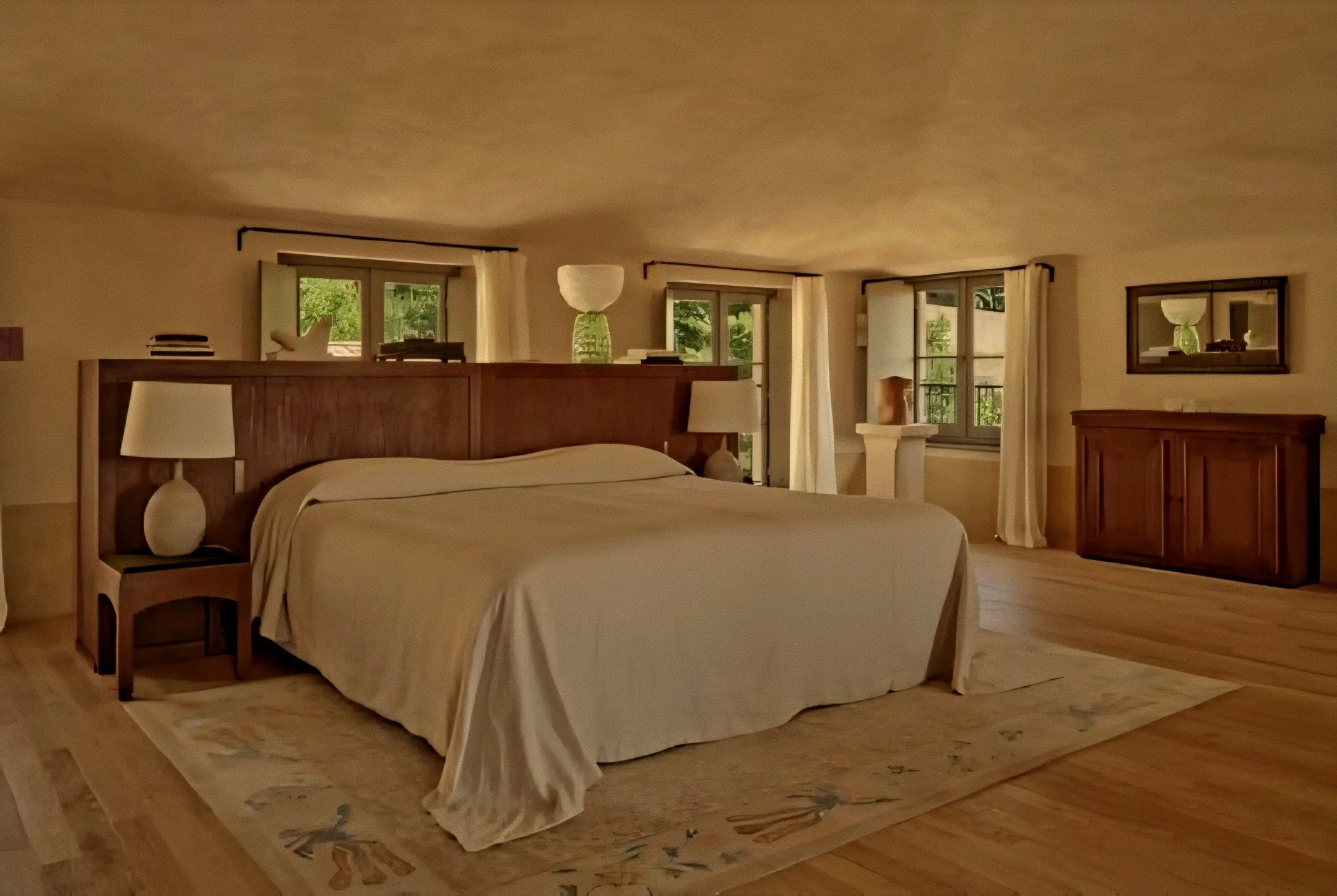 Low slung linen bed and dark timber headboard at Hôtel du Couvent, a Luxury Collection Hotel, Nice, France.