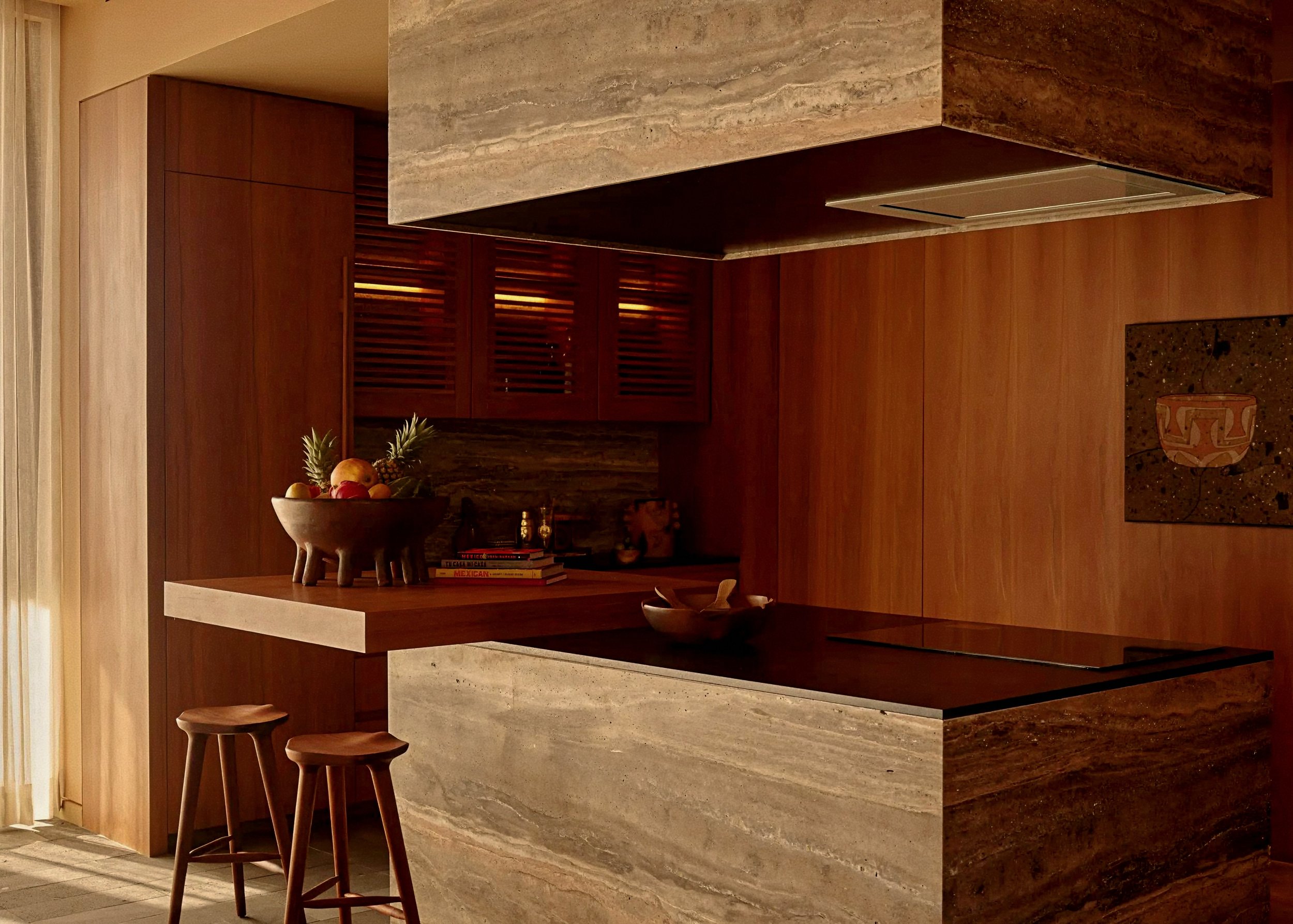 Travertine kitchen island at Rosewood Mandarina, Monteón luxury resort in Riviera Nayarit, Mexico.