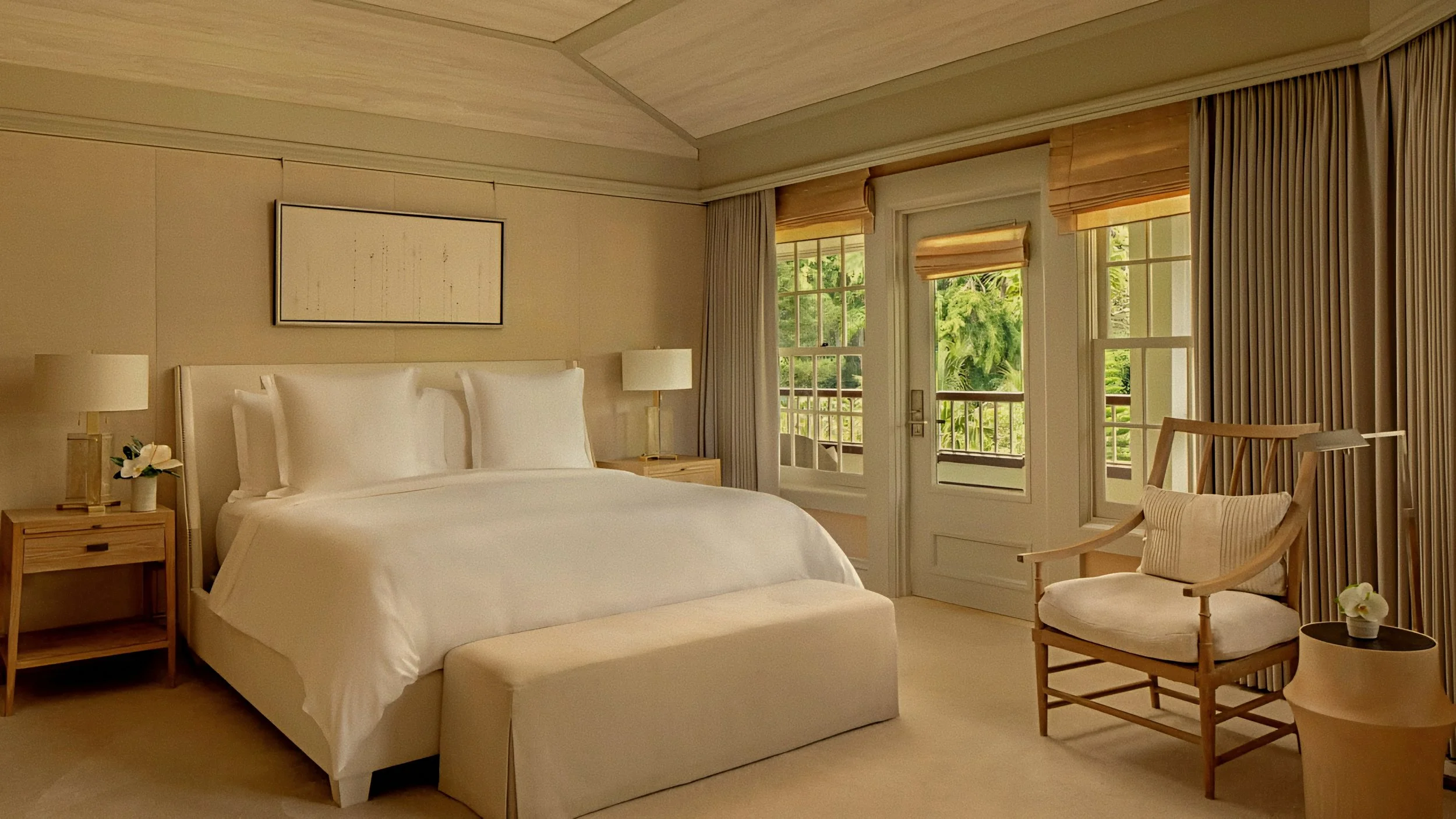 Monochromatic suite bed and teak joinery bedroom Sensei Lanai, A Four Seasons Resort, is a luxury wellness and spa retreat in Kōʻele, Hawaii.