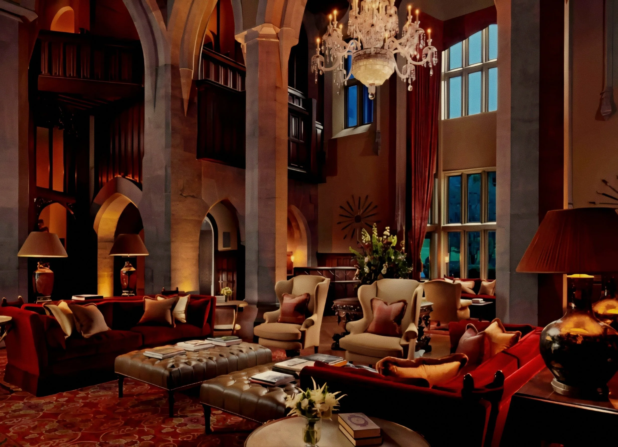 Towering limestone arches and tufted leather ottomans in great hall at Adare Manor luxury hotel in Ireland.