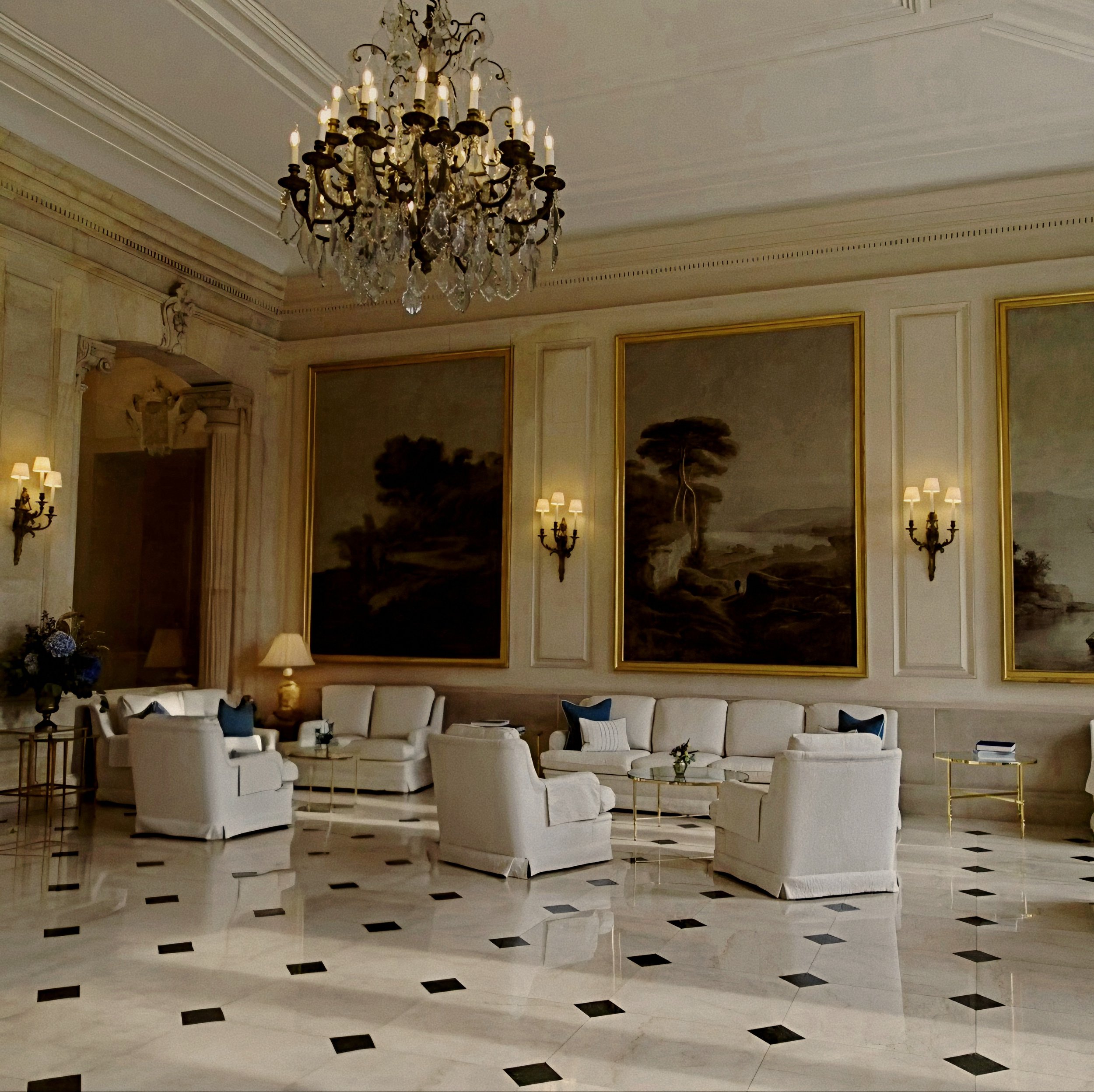 Crystal chandelier over marble floors at Hotel du Cap-Eden-Roc, a luxury hotel in Antibes, France on the French Riviera.