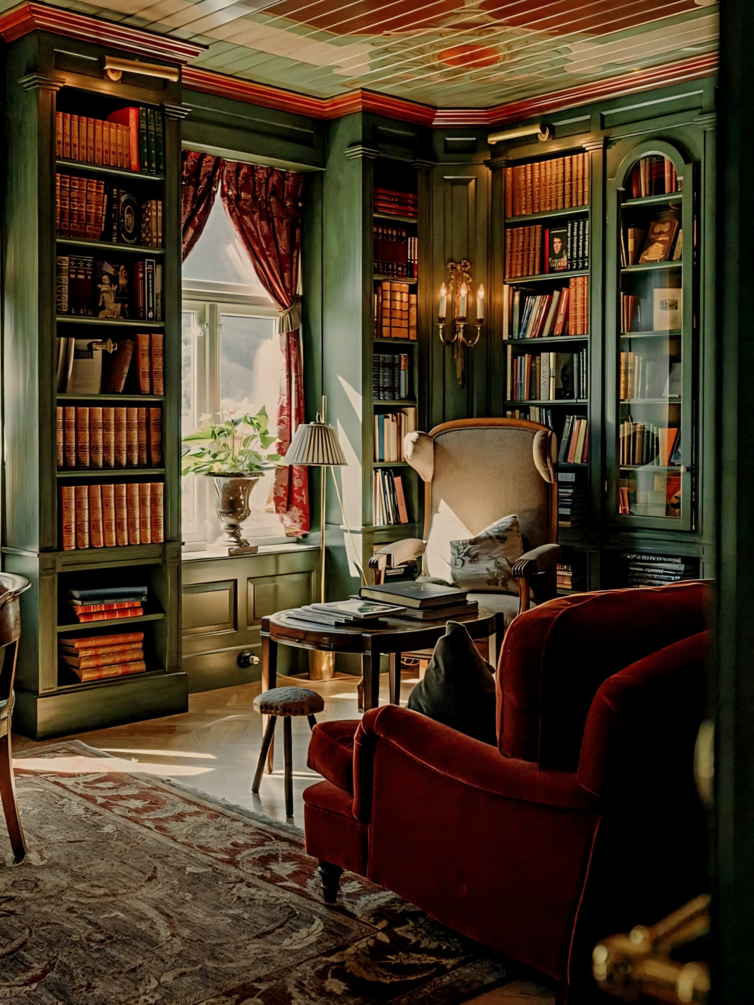 An intimate private library defined by bespoke forest-green millwork, an intricately painted ceiling, curated heritage volumes, and a crimson velvet armchair—reflecting the elite design and refined aesthetic central to the ROYAUME digital publication