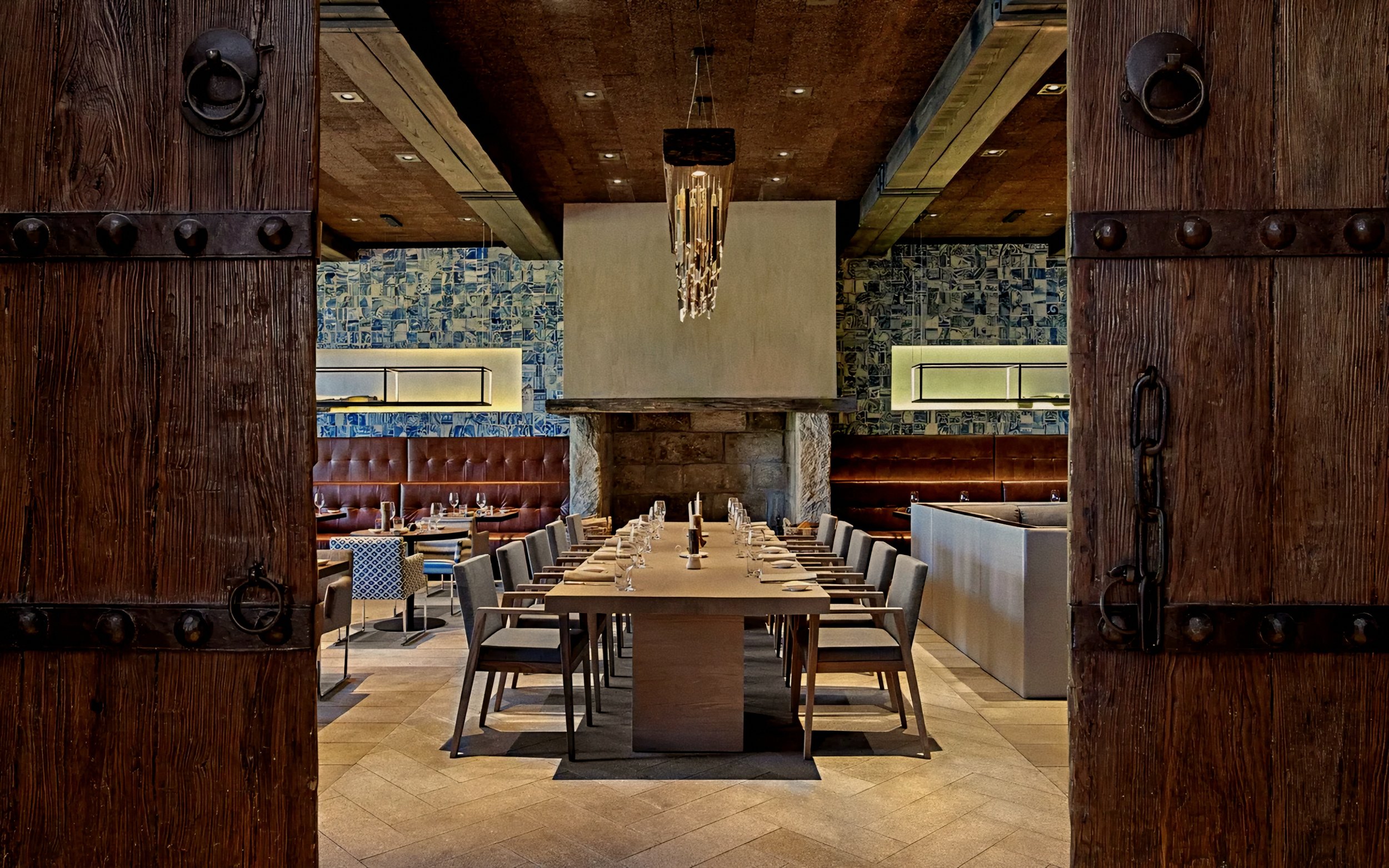Azulejo tilework at Vale de Abraão restaurant Six Senses Douro Valley Luxury Hotel in Portugal.