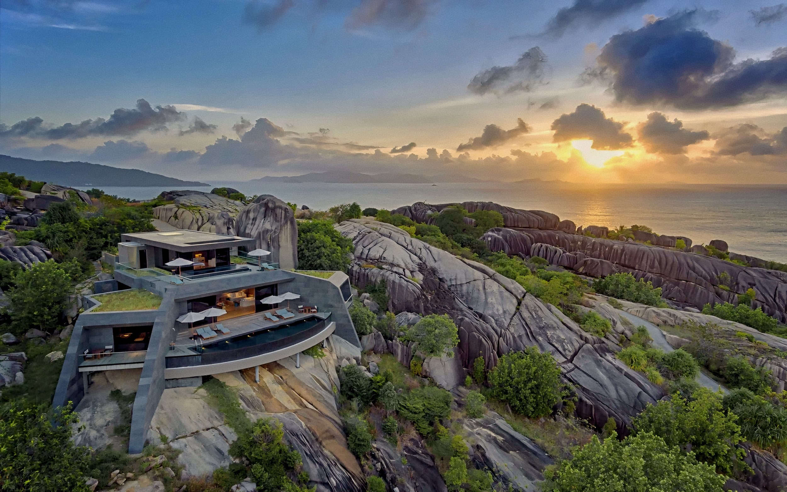 Architectural villa aerial view at Six Senses Zil Pasyon, Felicite Island luxury hotel in Seychelles