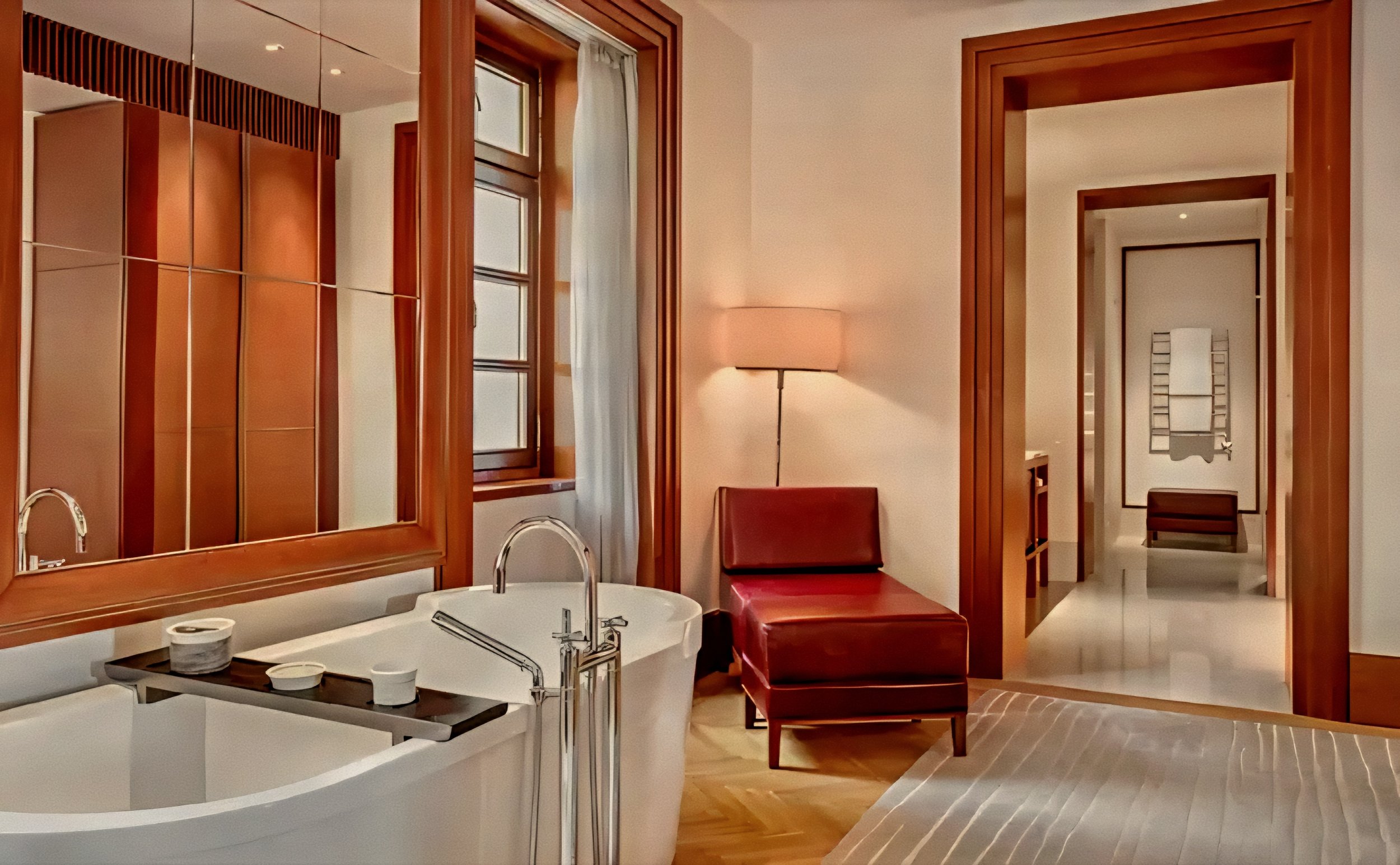 Sculptural soaking tub and mirrored glass panels Aman Sveti Stefan Luxury Resort in Montenegro.
