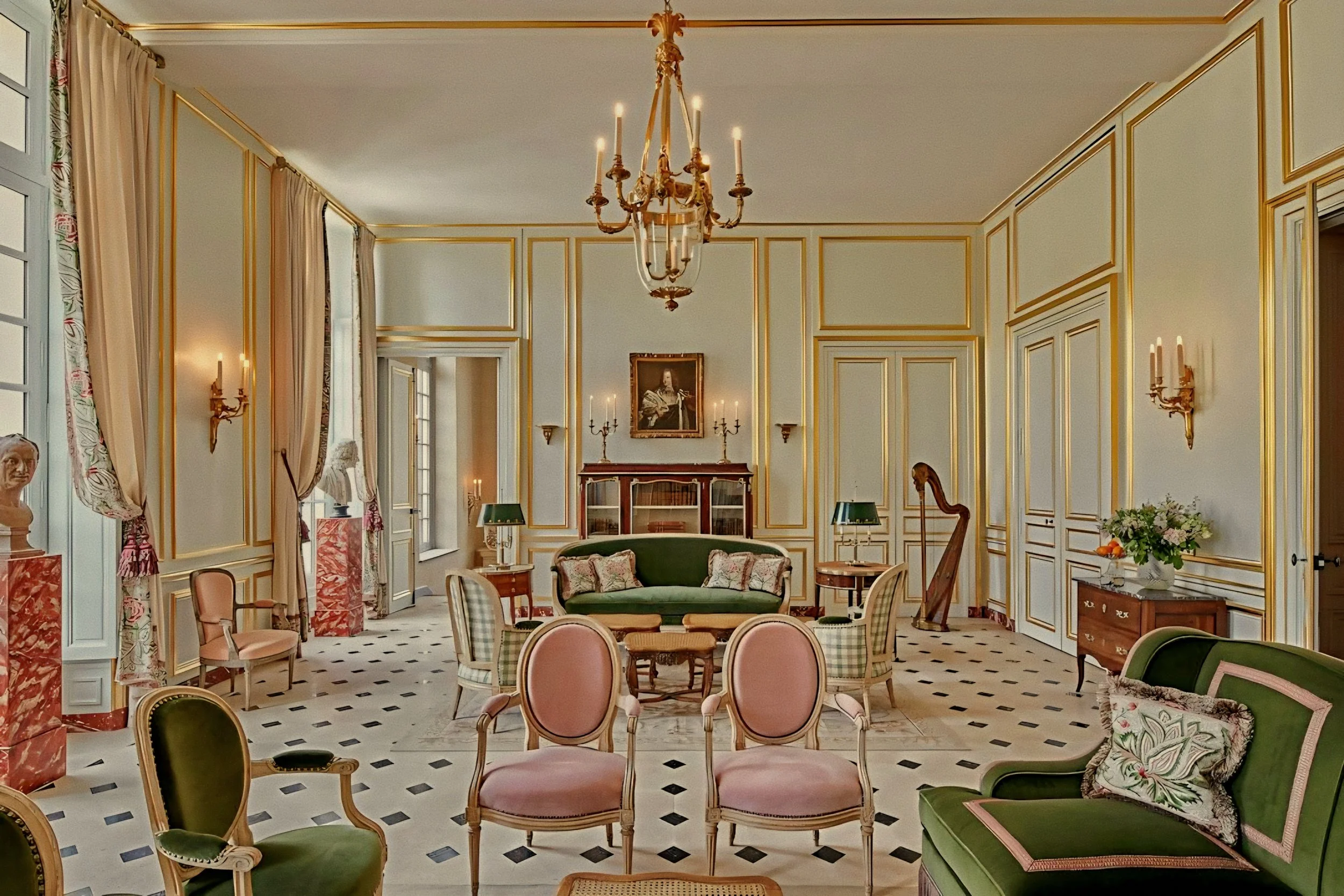 Gilded boiserie paneling and velvet banquettes salon Airelles Château de Versailles, Le Grand Contrôle, France.