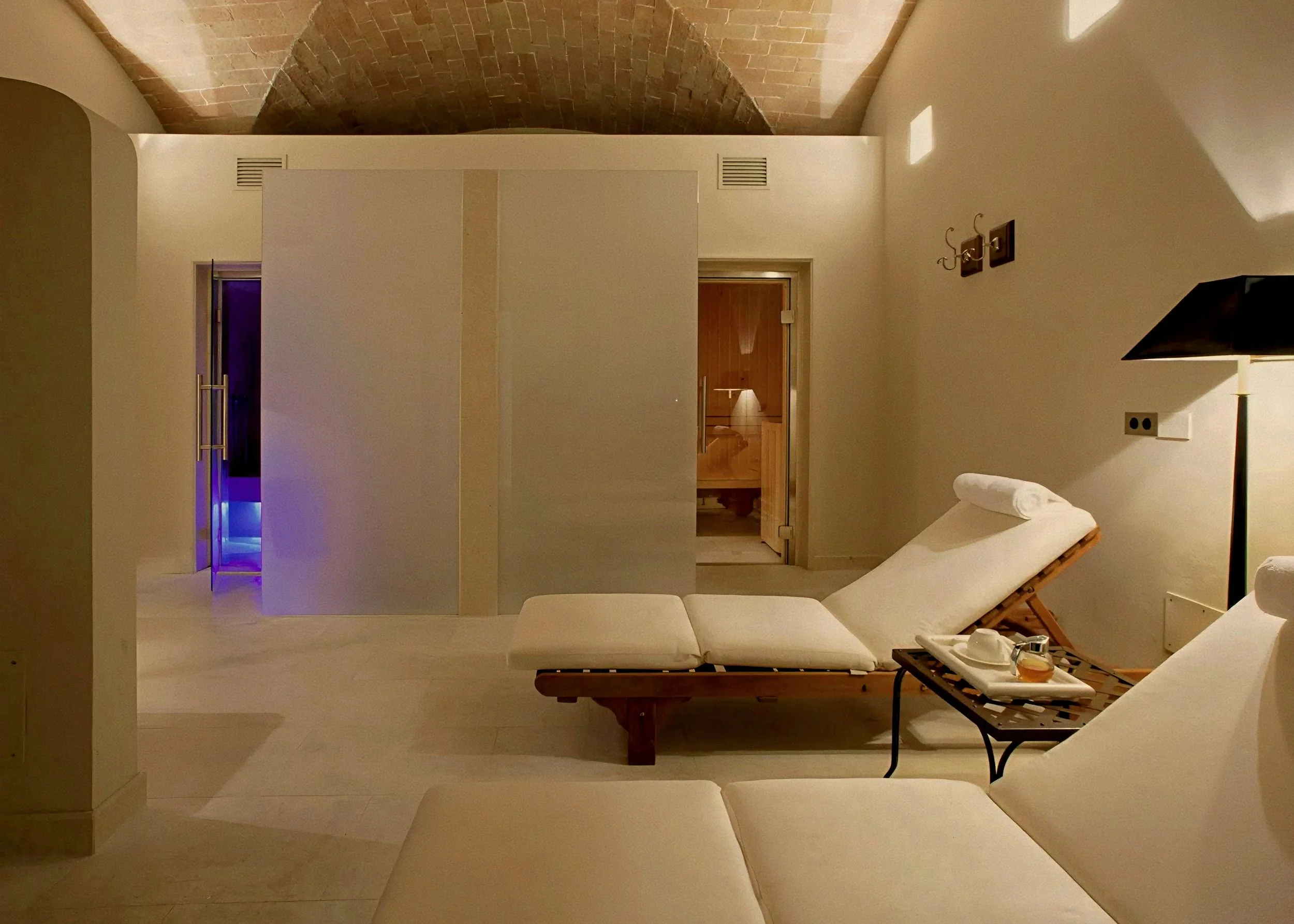 Vaulted wellness lounge and spa at Castiglion del Bosco, A Rosewood Hotel, Val d'Orcia, Tuscany, Italy.