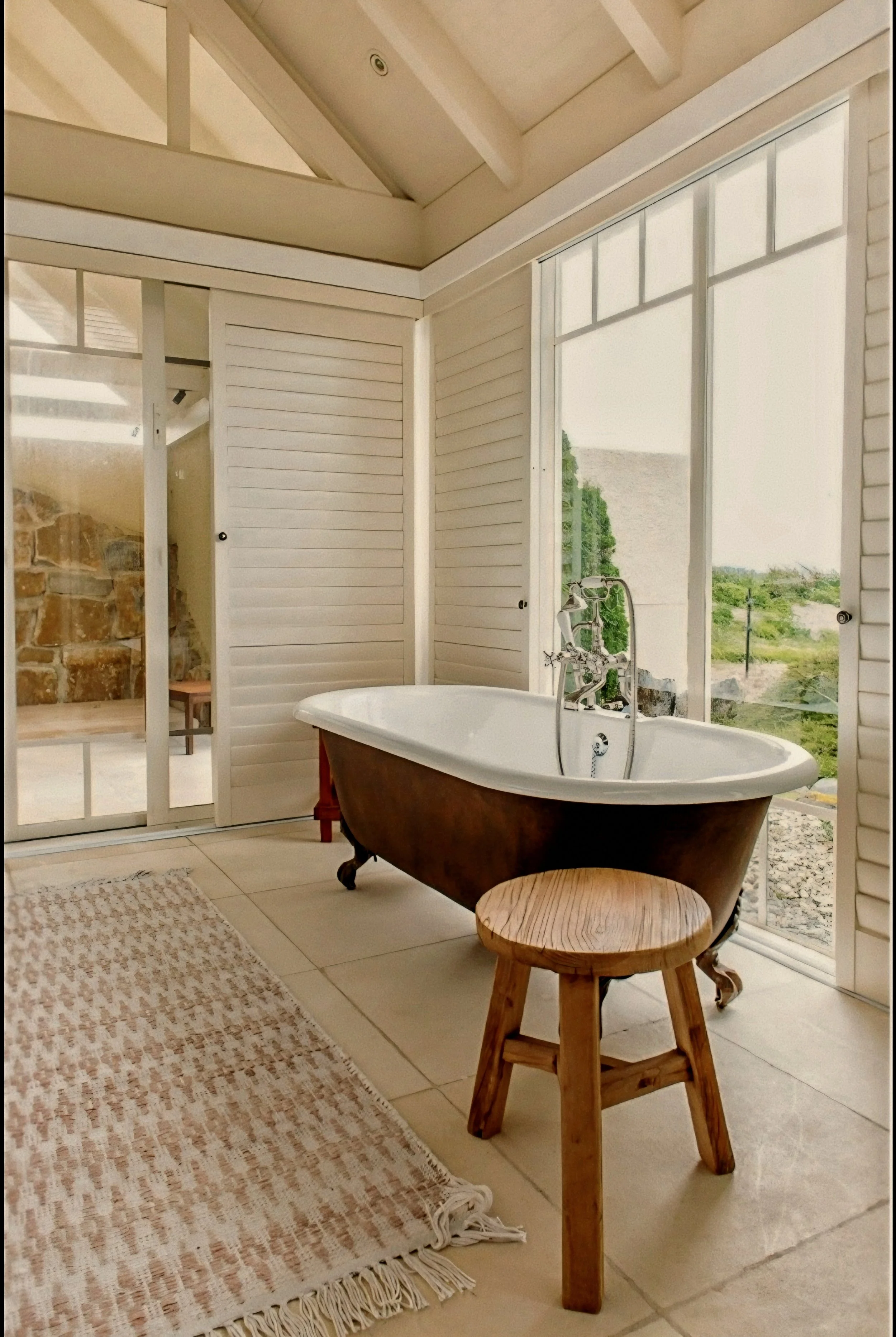 Sunlit bathroom with copper soaking tub by Damian Hannah at Wharekauhau Estate, Palliser Bay, New Zealand.