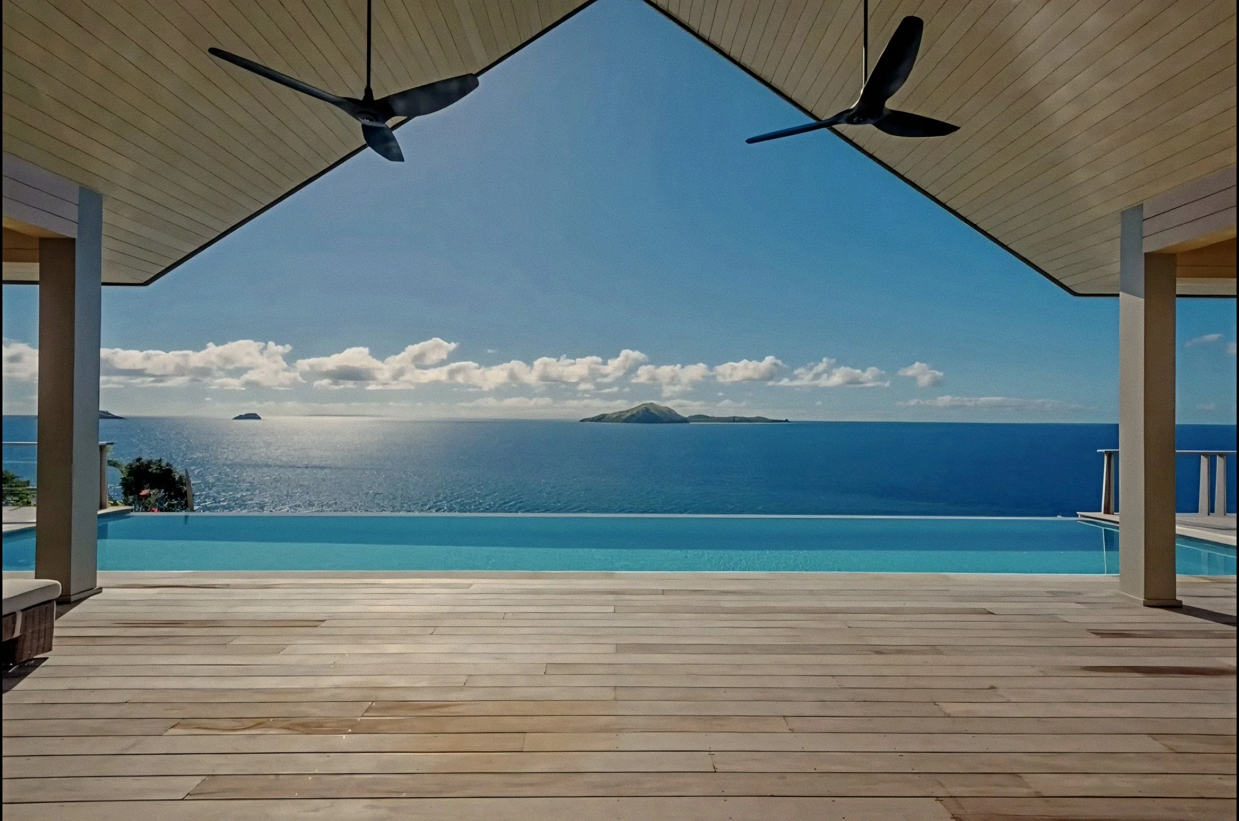 Open timber pavilion framing an infinity pool and ocean horizon at Kokomo Private Island, Fiji.