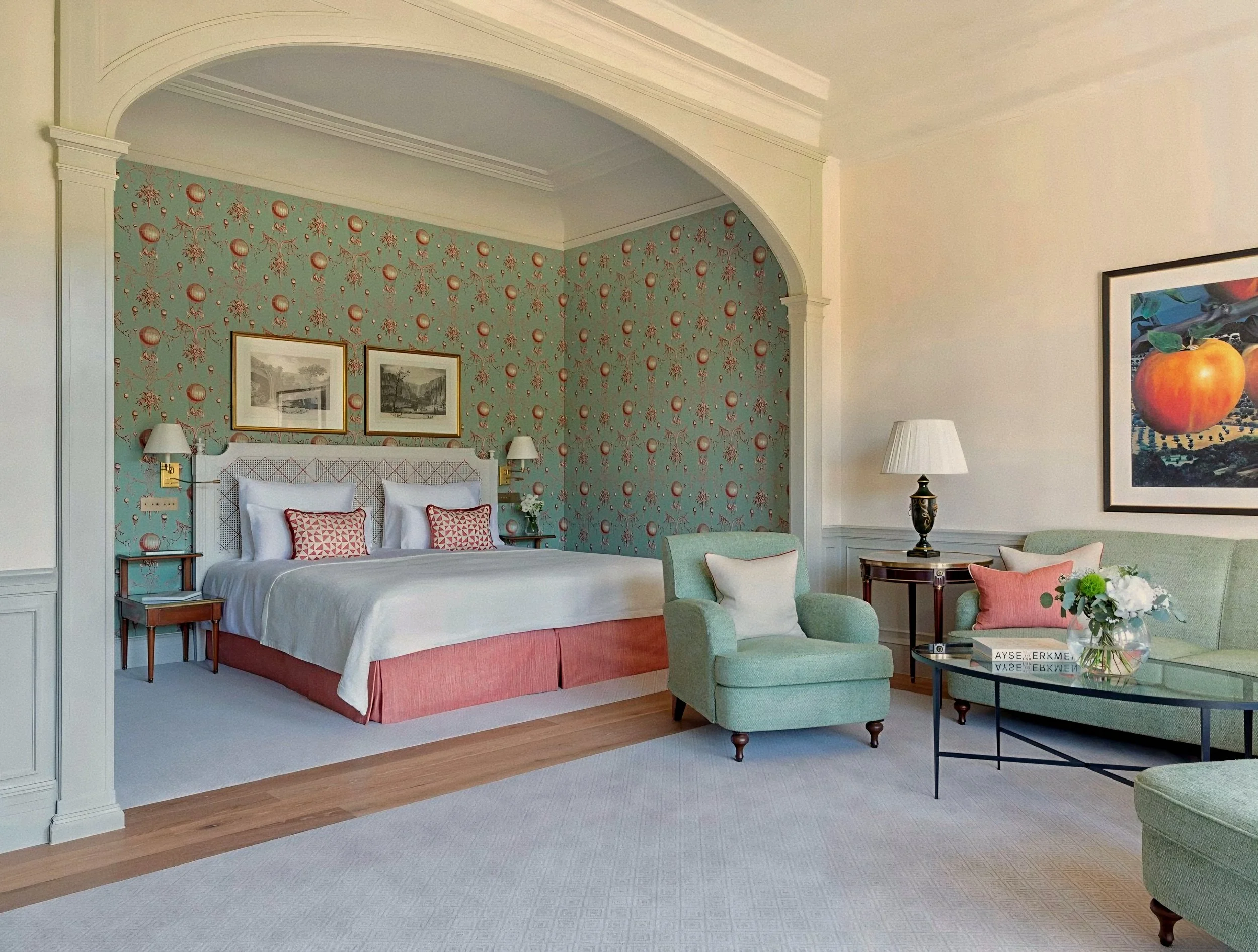Damask master bedroom suite at Brenners Park-Hotel & Spa, Lichtentaler Allee, Baden-Baden, Germany.