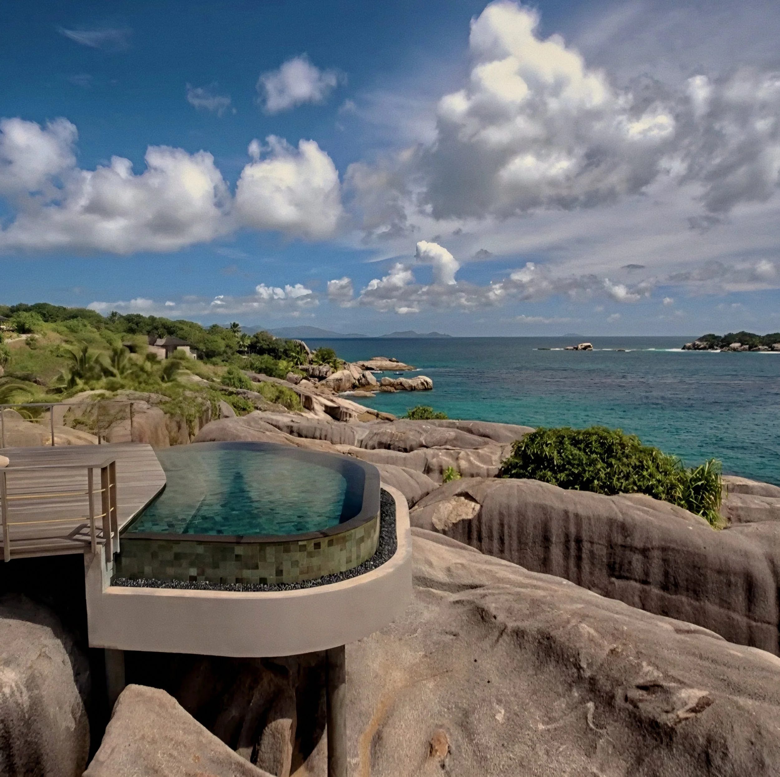 Cantilevered pool on granite rocks at Six Senses Zil Pasyon, Felicite Island luxury hotel in Seychelles.
