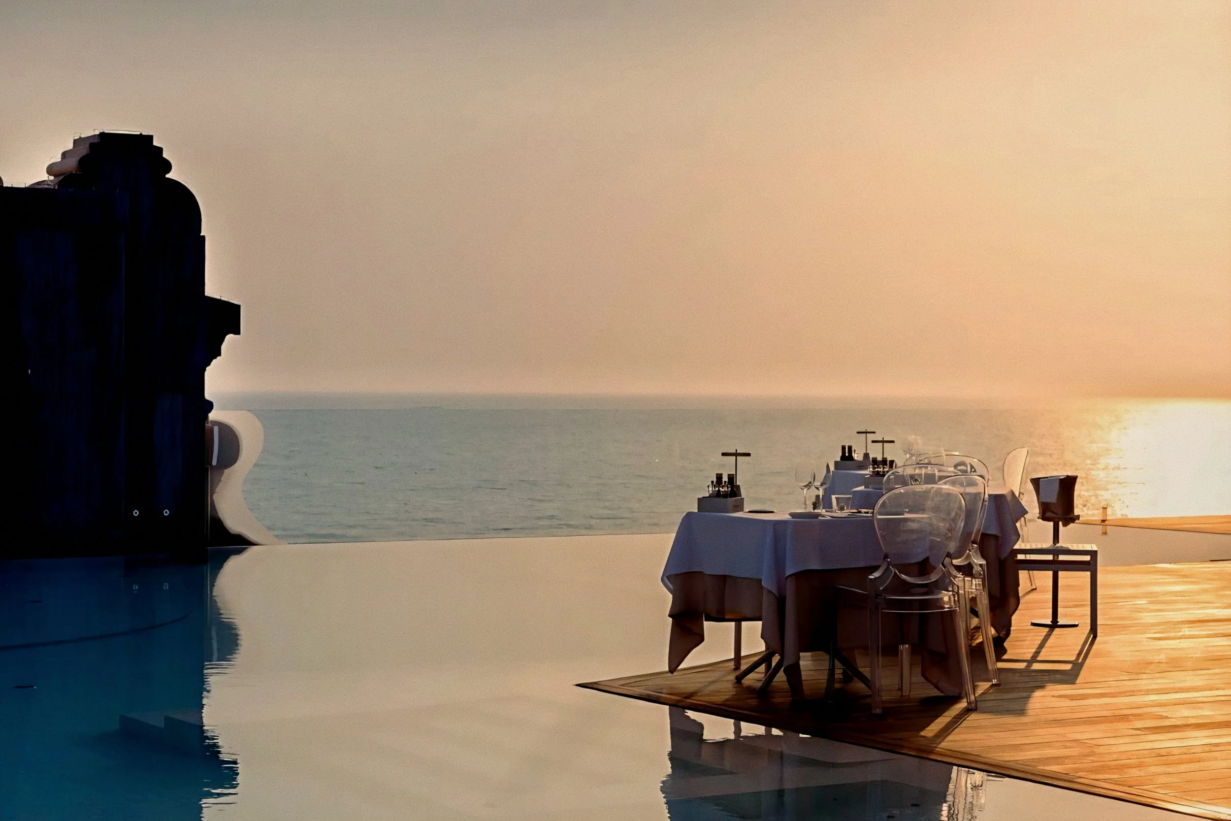 Sunset fine dining suspended over the pool deck overlooking the sea at Hotel Principe Forte dei Marmi, Italy.