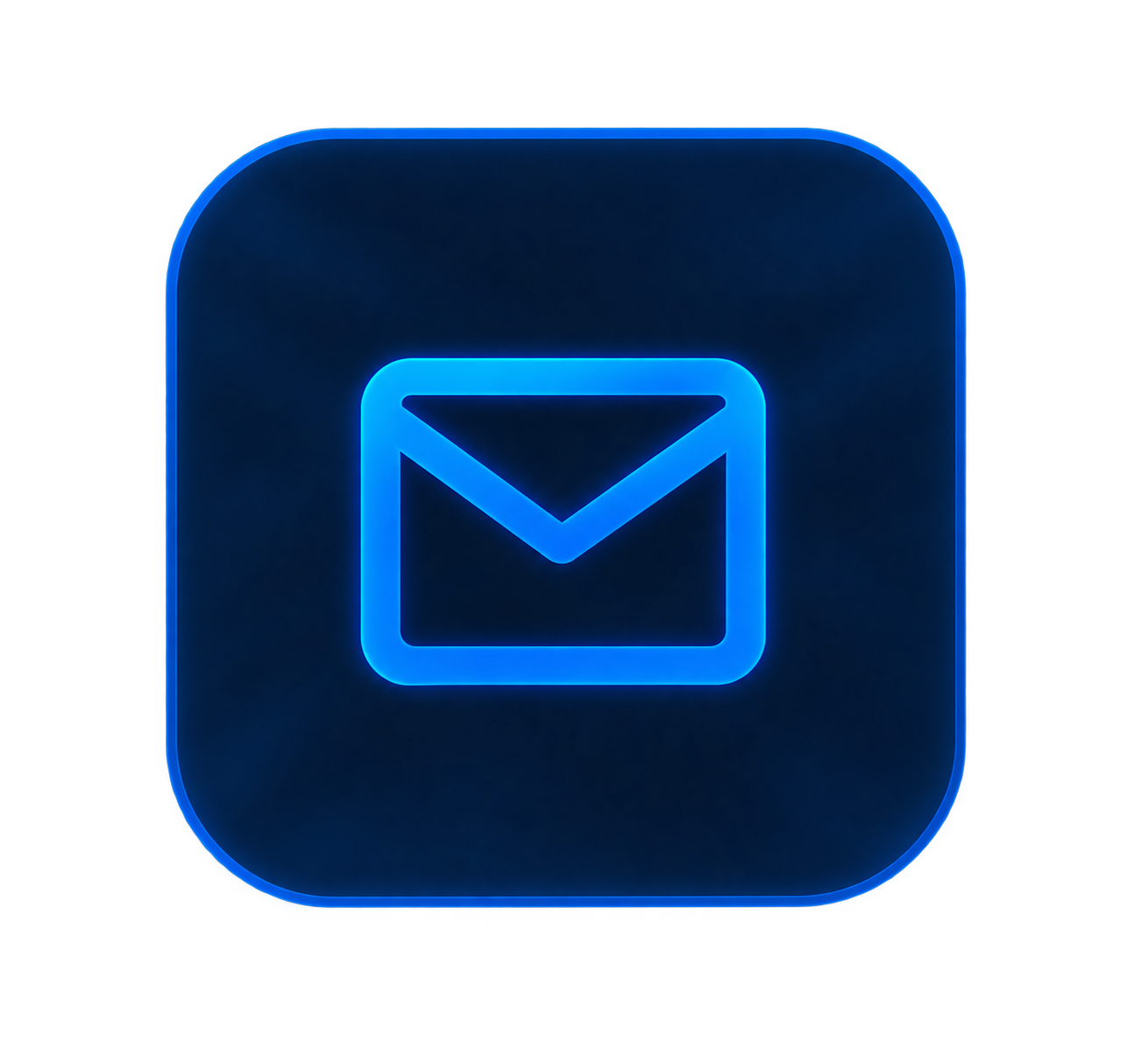 Neon blue glowing email icon on black background.