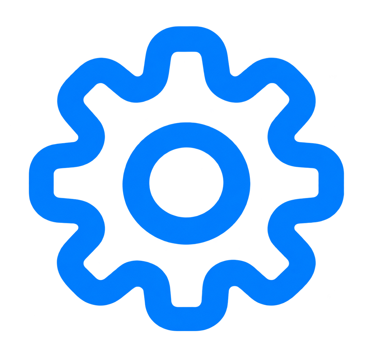 A blue gear icon with a circular center and wavy outer edges.