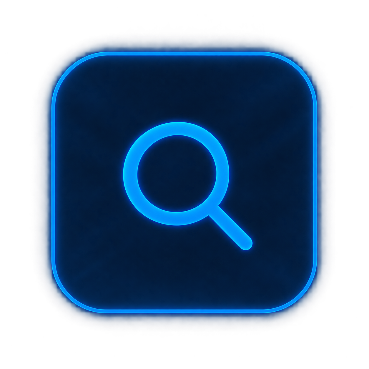 Neon blue search icon with magnifying glass on a black background.
