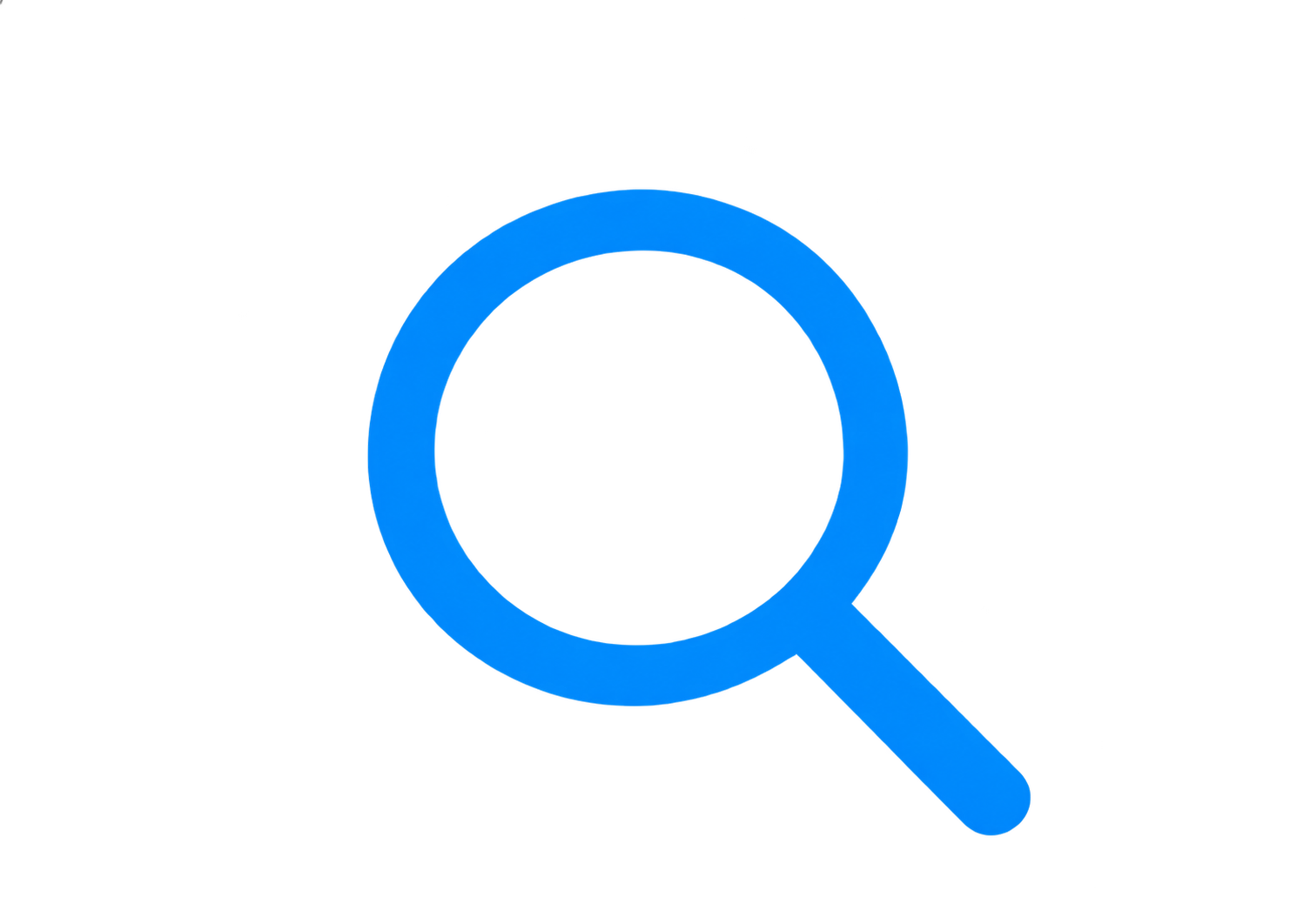 Blue magnifying glass icon on a dark background.