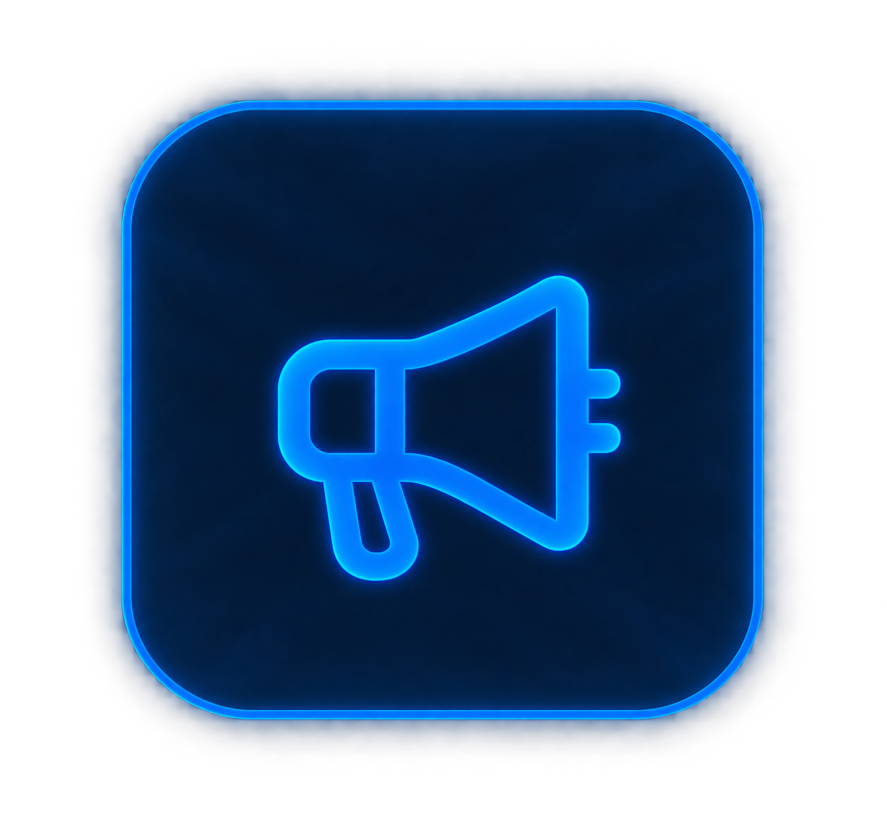 Blue neon sign of a loudspeaker icon inside a rounded square border.