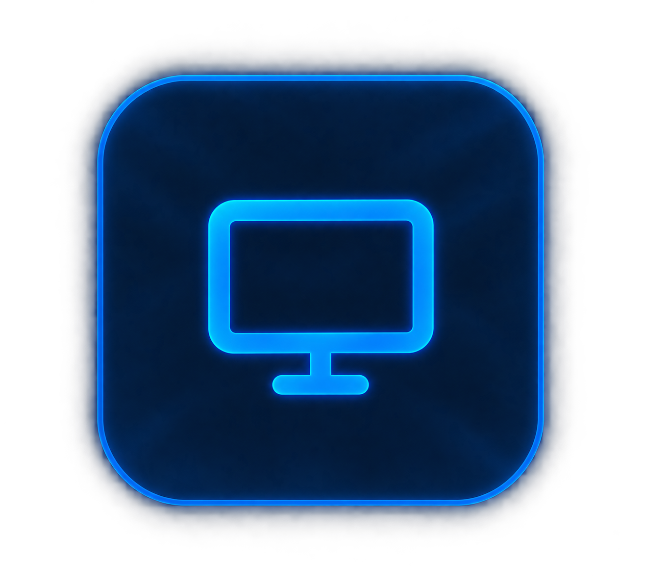 Neon blue digital icon of a computer monitor on a black background.